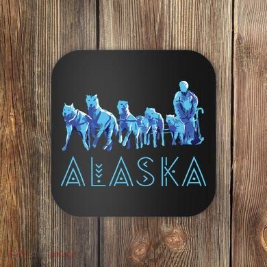 Alaska Sled Dogs Mushing Team Snow Sledding Mountain Scene Coaster