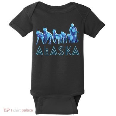Alaska Sled Dogs Mushing Team Snow Sledding Mountain Scene Baby Bodysuit