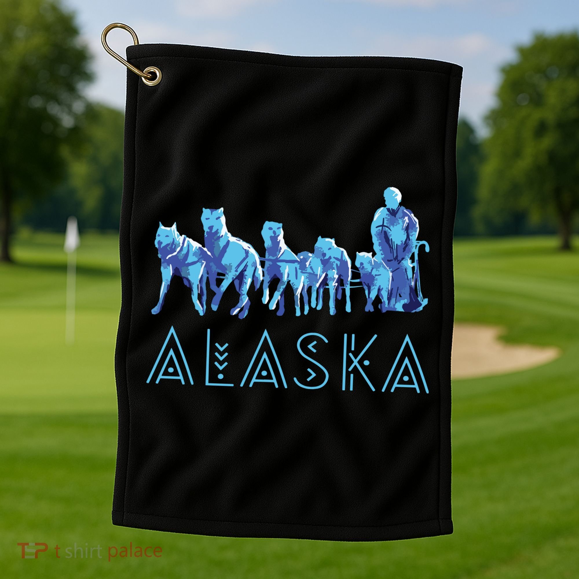 Alaska Sled Dogs Mushing Team Snow Sledding Mountain Scene Golf Towel