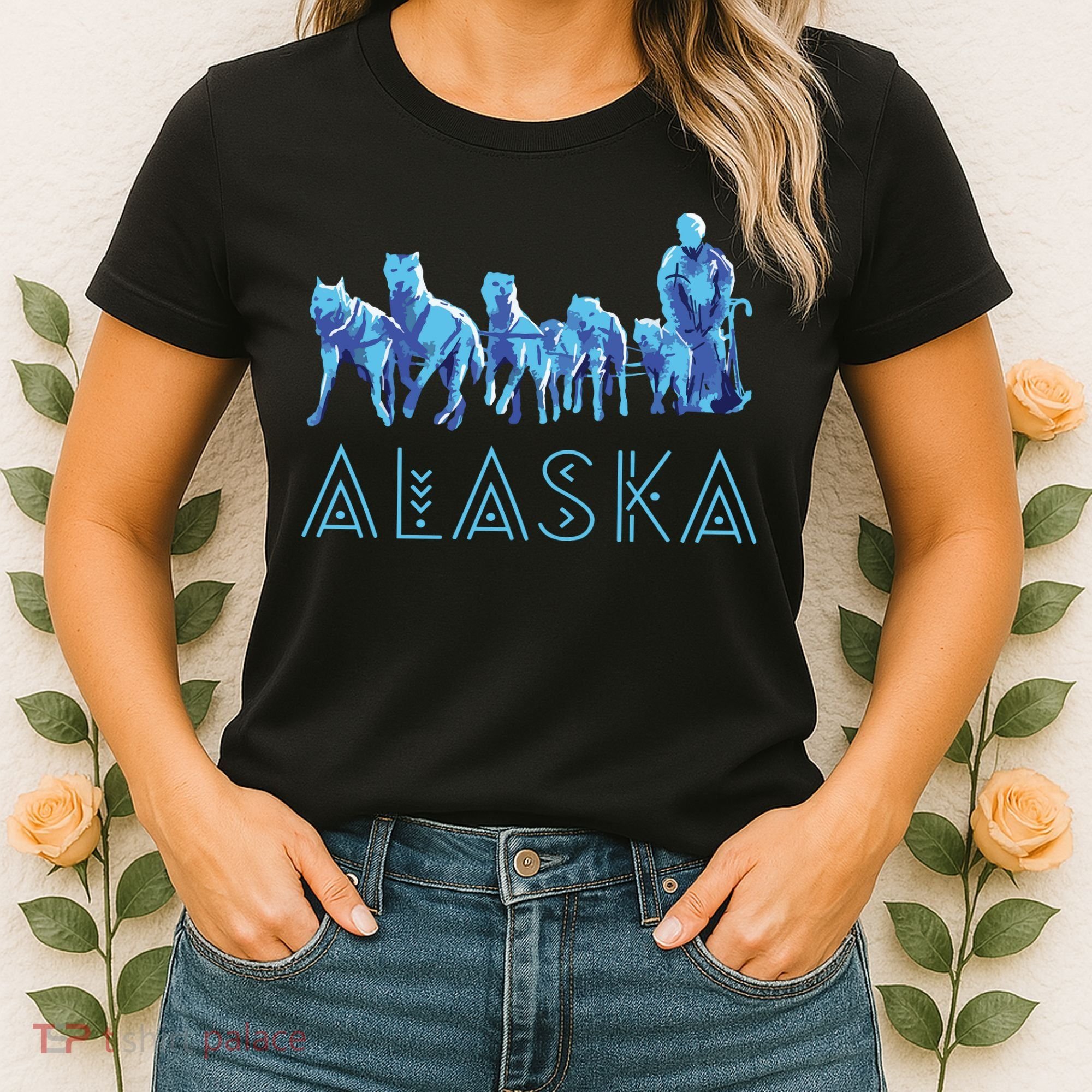 Alaska Sled Dogs Mushing Team Snow Sledding Mountain Scene Women's T-Shirt
