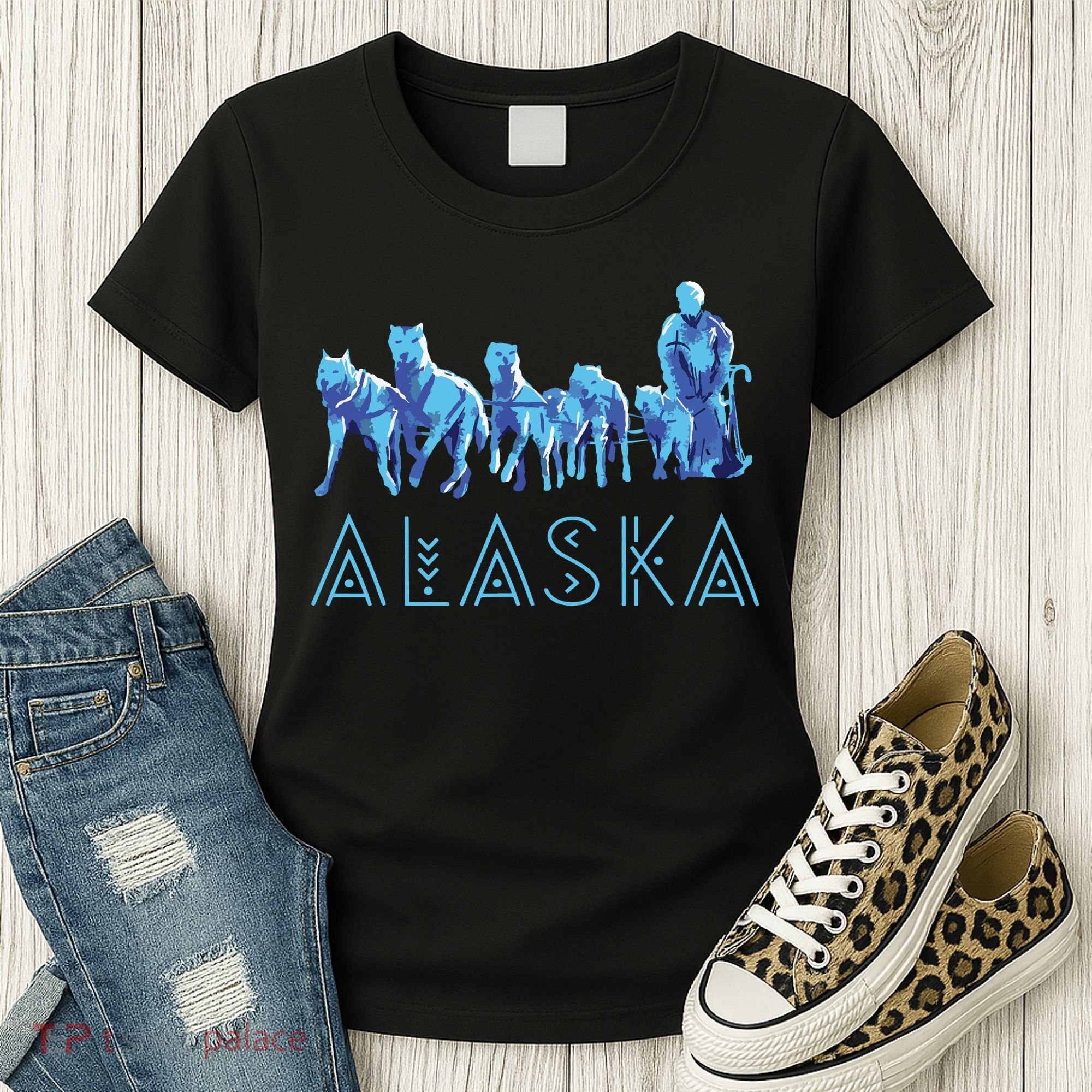 Alaska Sled Dogs Mushing Team Snow Sledding Mountain Scene Women's T-Shirt