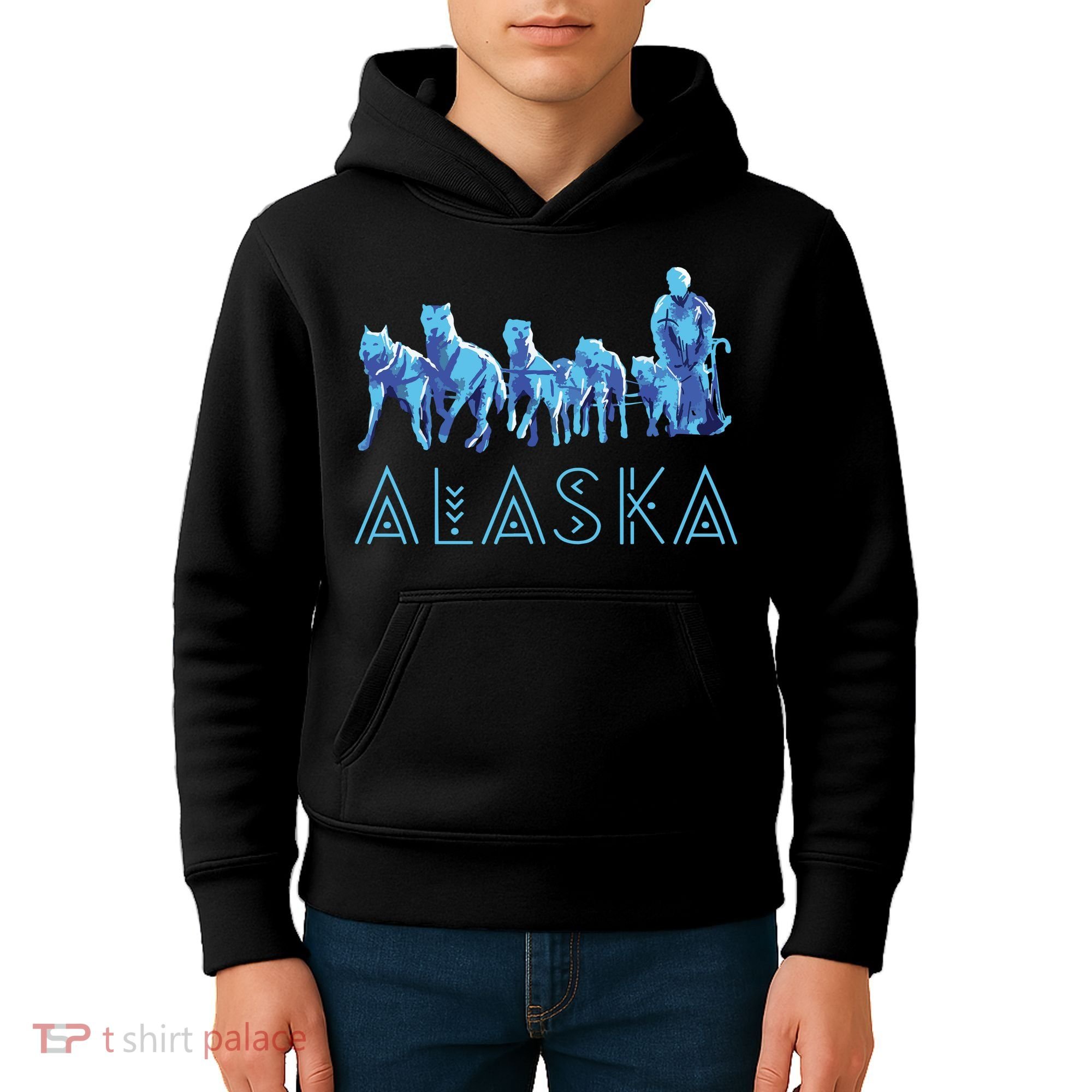 Alaska Sled Dogs Mushing Team Snow Sledding Mountain Scene Kids Hoodie