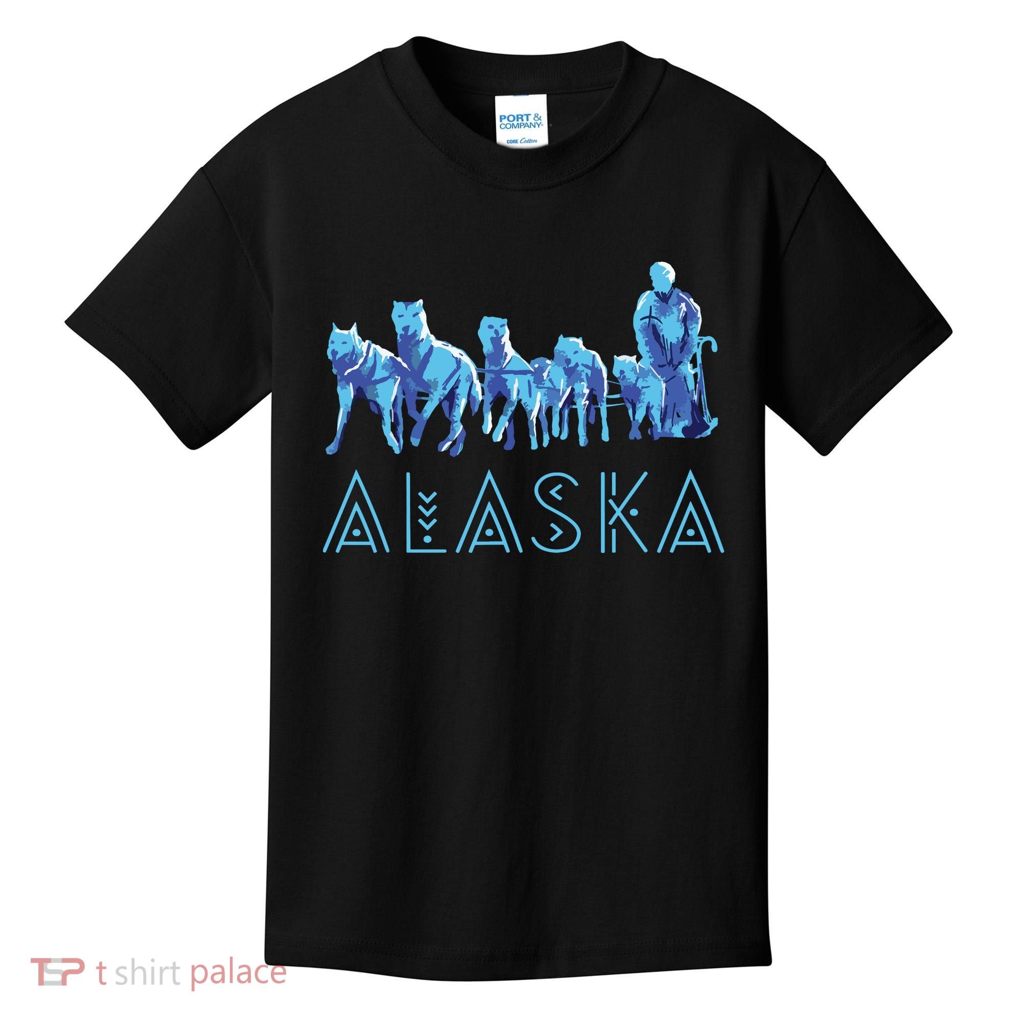 Alaska Sled Dogs Mushing Team Snow Sledding Mountain Scene Kids T-Shirt