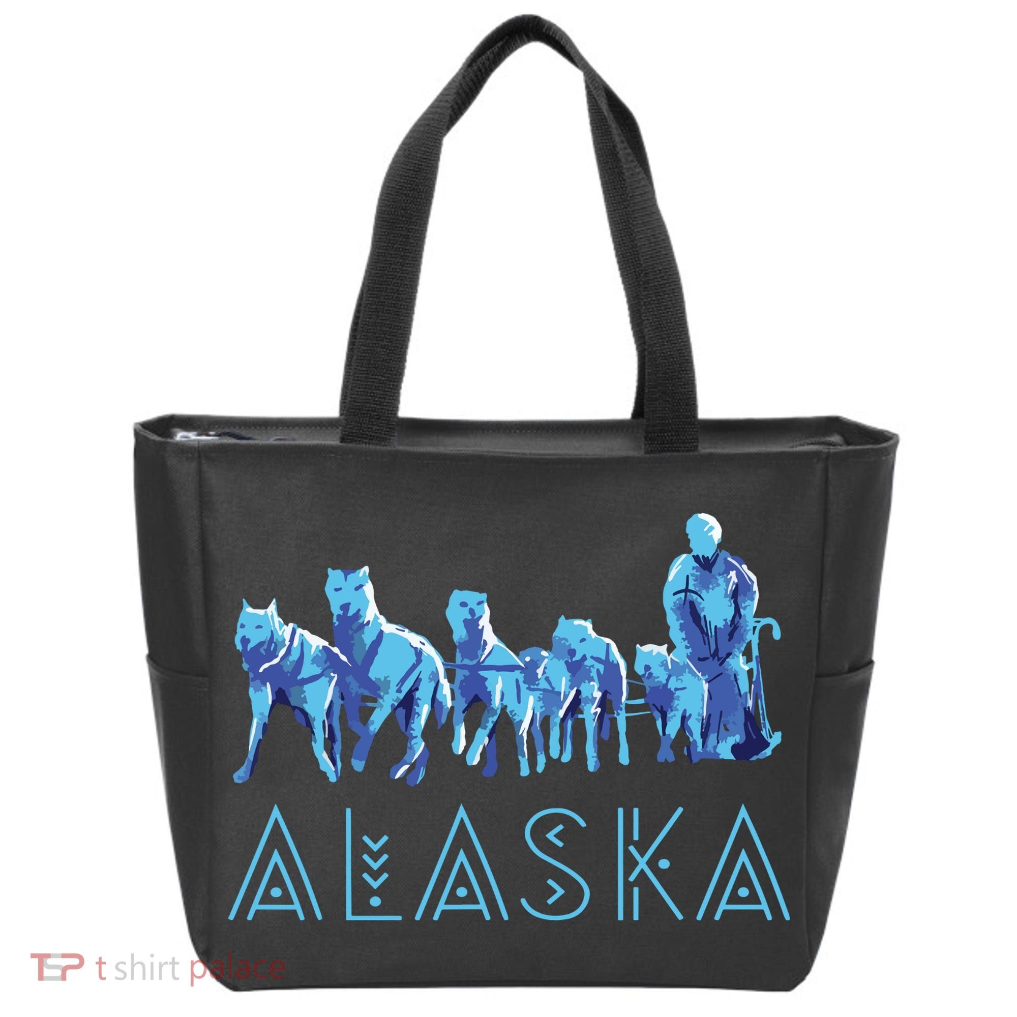 Alaska Sled Dogs Mushing Team Snow Sledding Mountain Scene Tote Bag