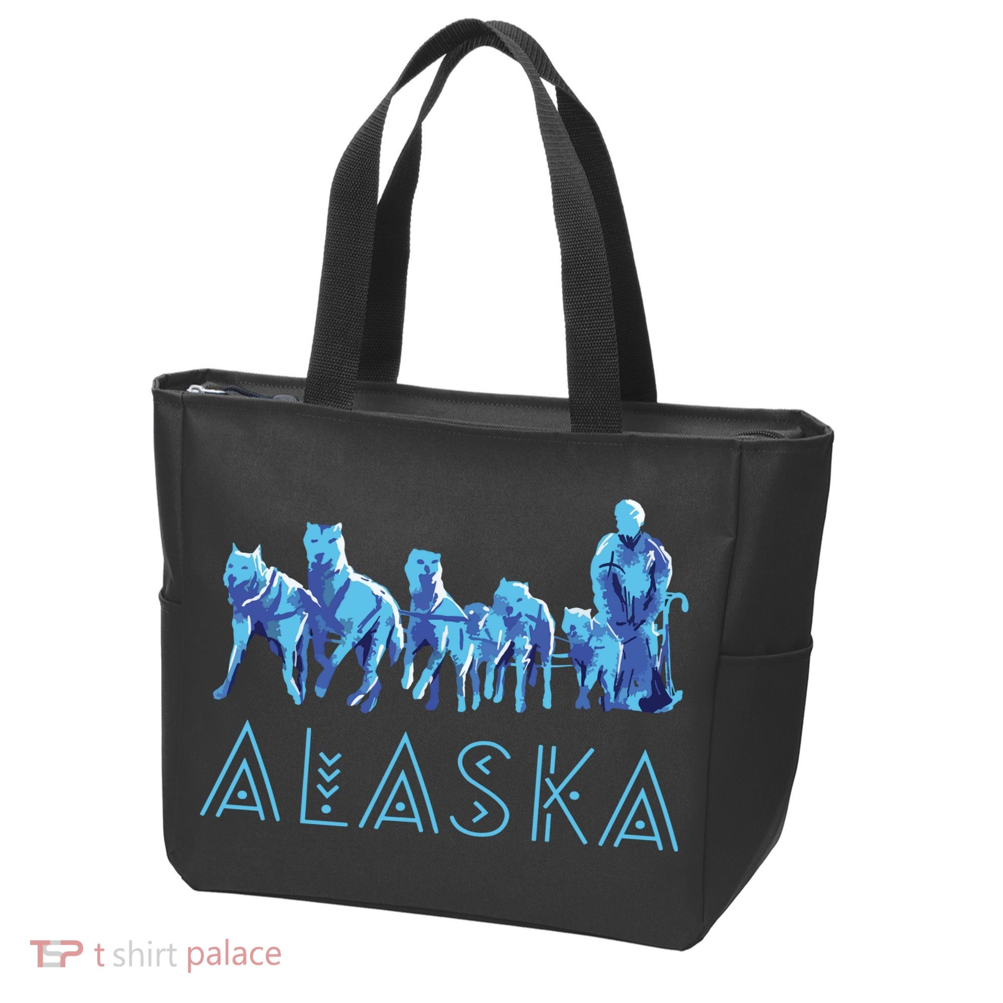 Alaska Sled Dogs Mushing Team Snow Sledding Mountain Scene Tote Bag