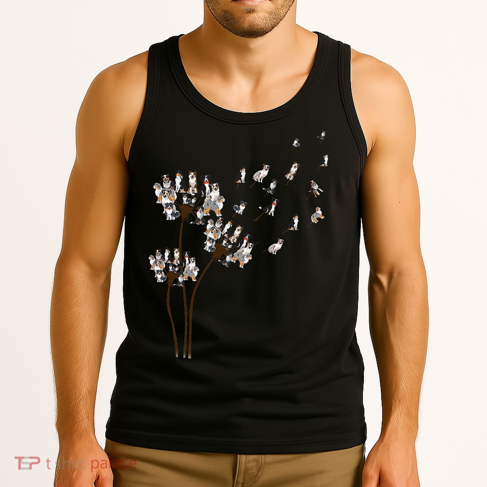 Australian Shepherd Flower Fly Dandelion Funny Dog Lovers Tank Top