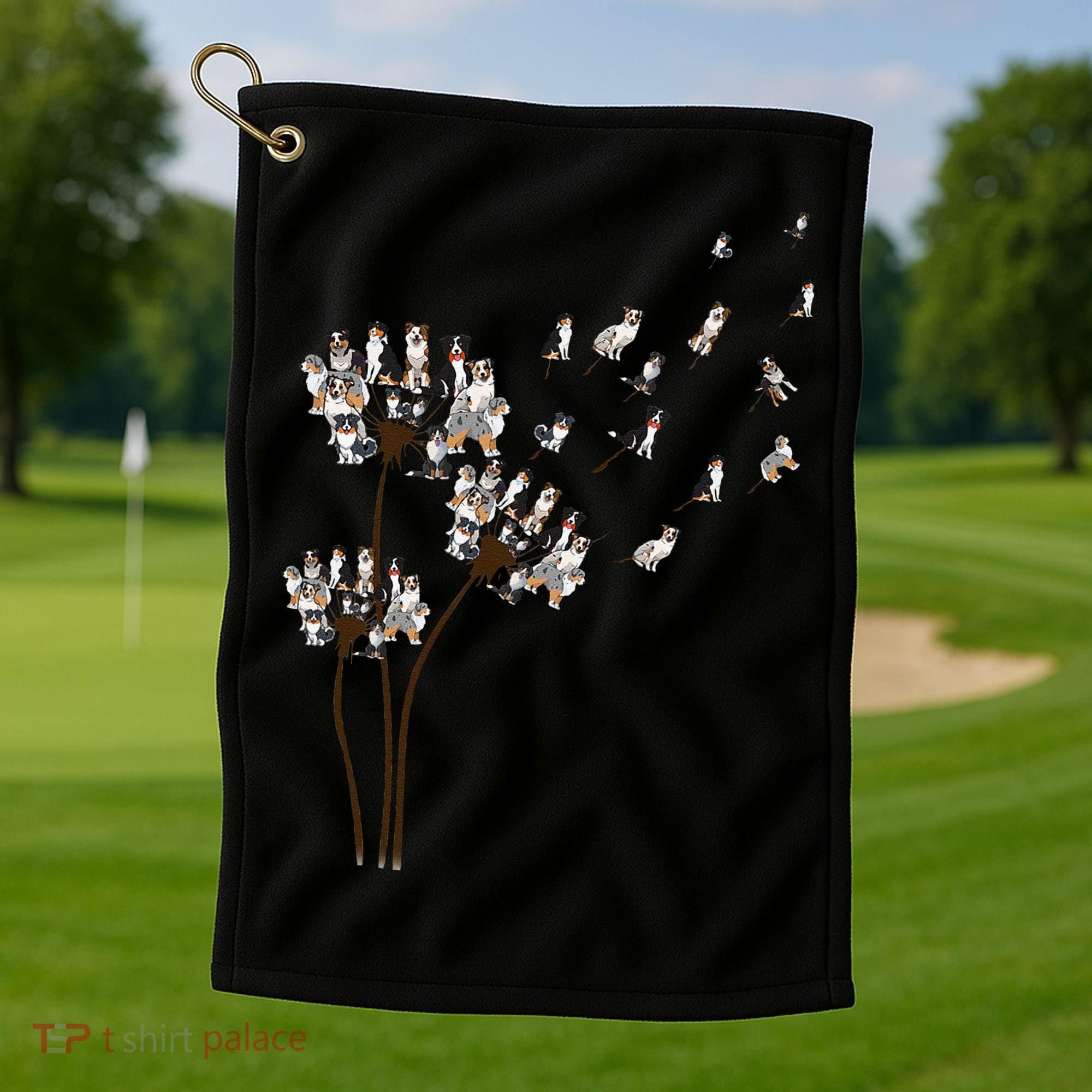 Australian Shepherd Flower Fly Dandelion Funny Dog Lovers Golf Towel