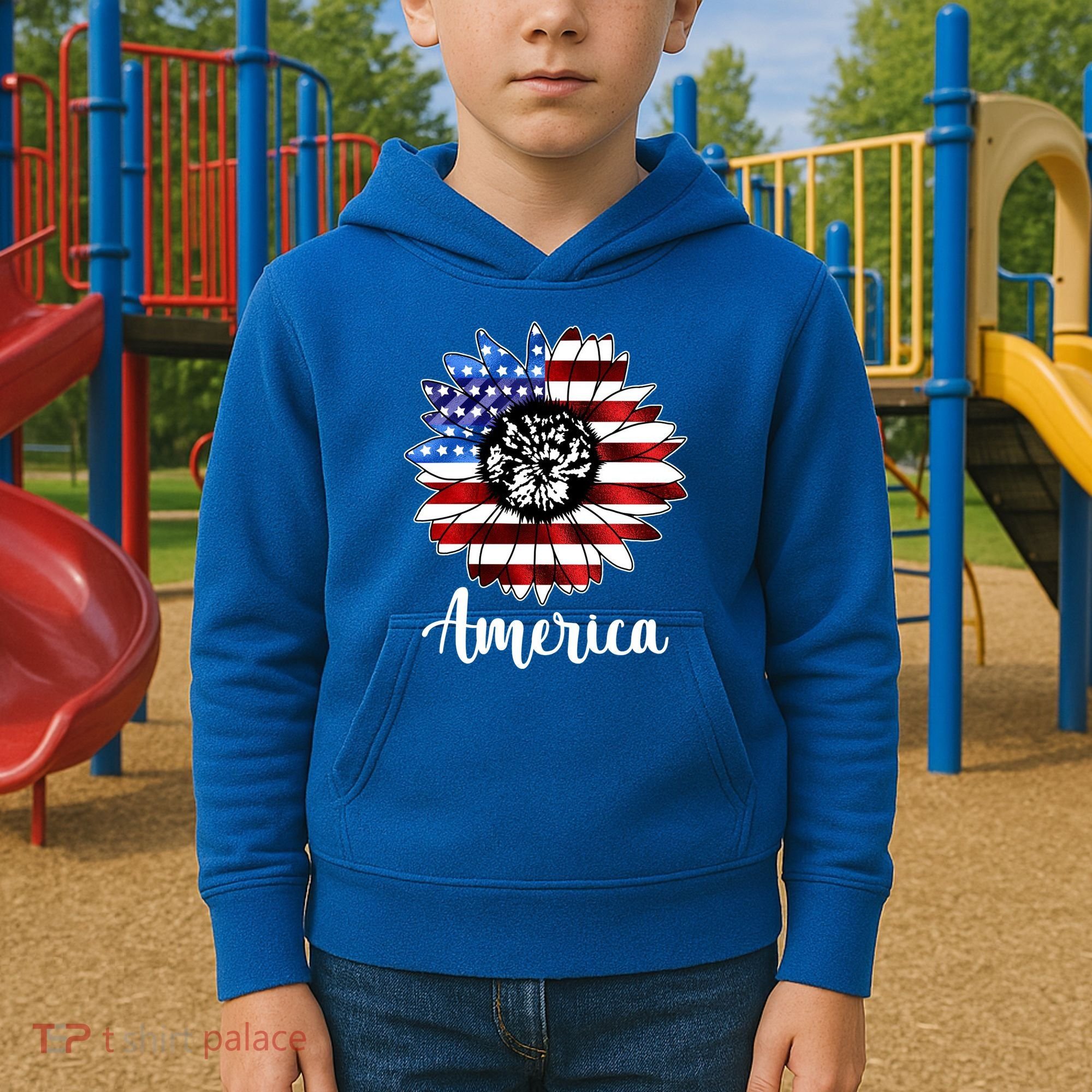 America Sunflower Flag 4th July Kids Hoodie
