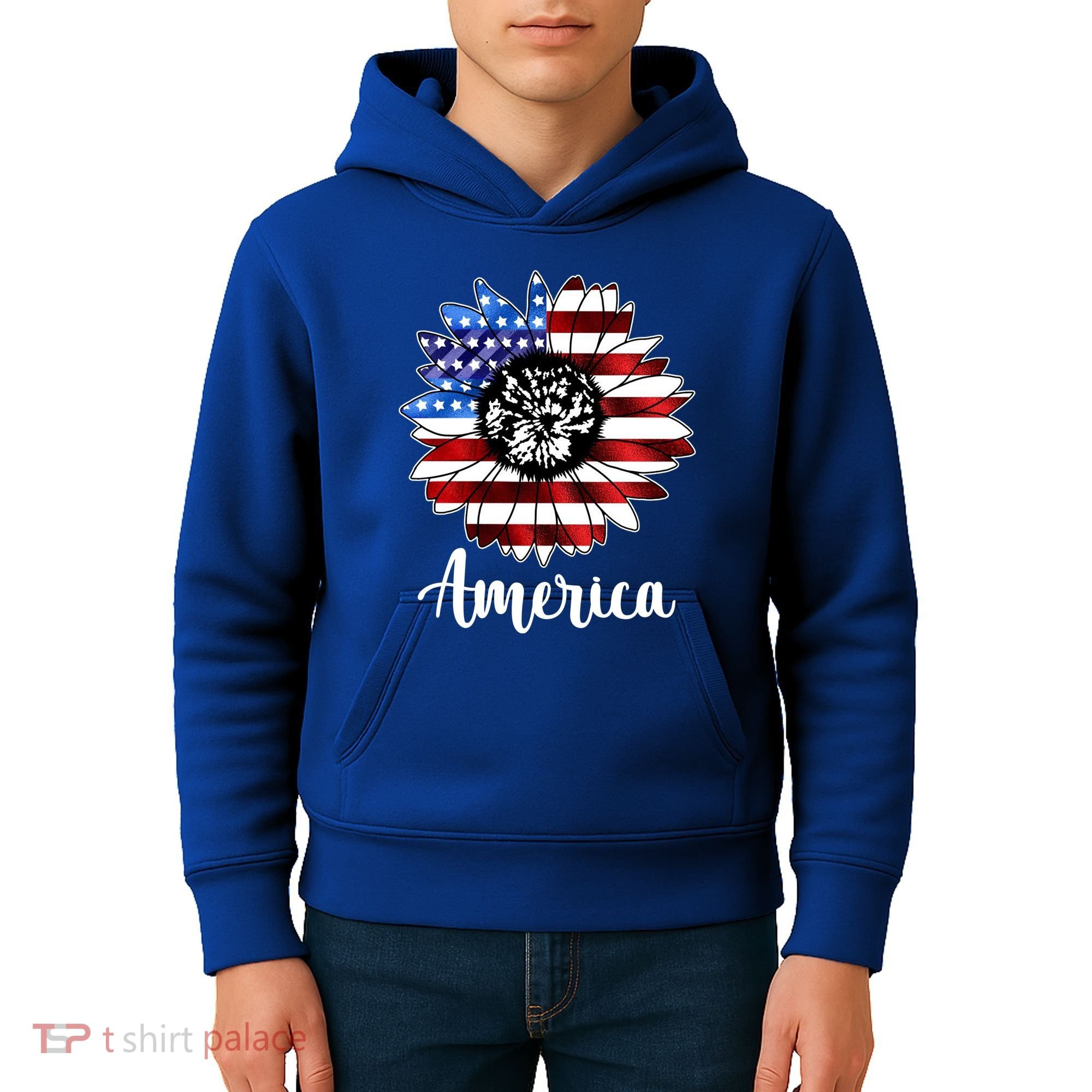 America Sunflower Flag 4th July Kids Hoodie