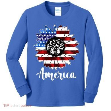 America Sunflower Flag 4th July Kids Long Sleeve Shirt