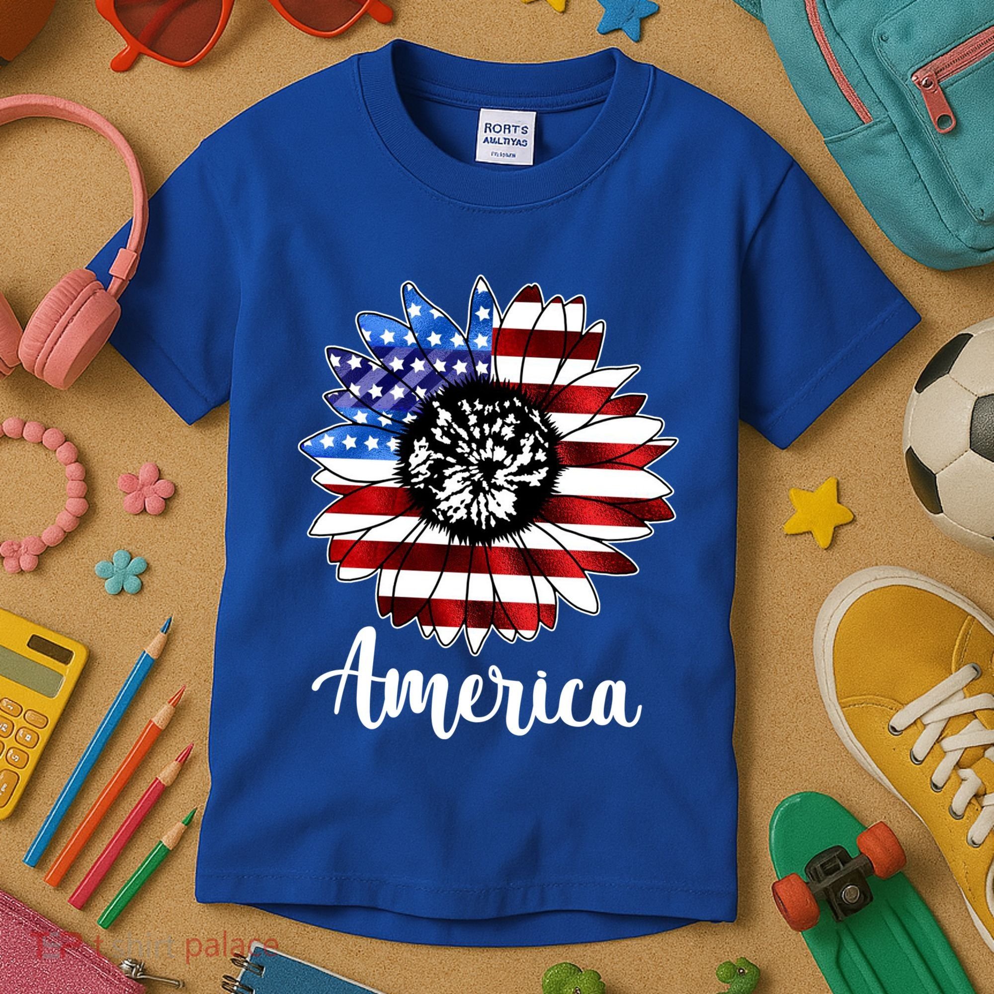 America Sunflower Flag 4th July Kids T-Shirt
