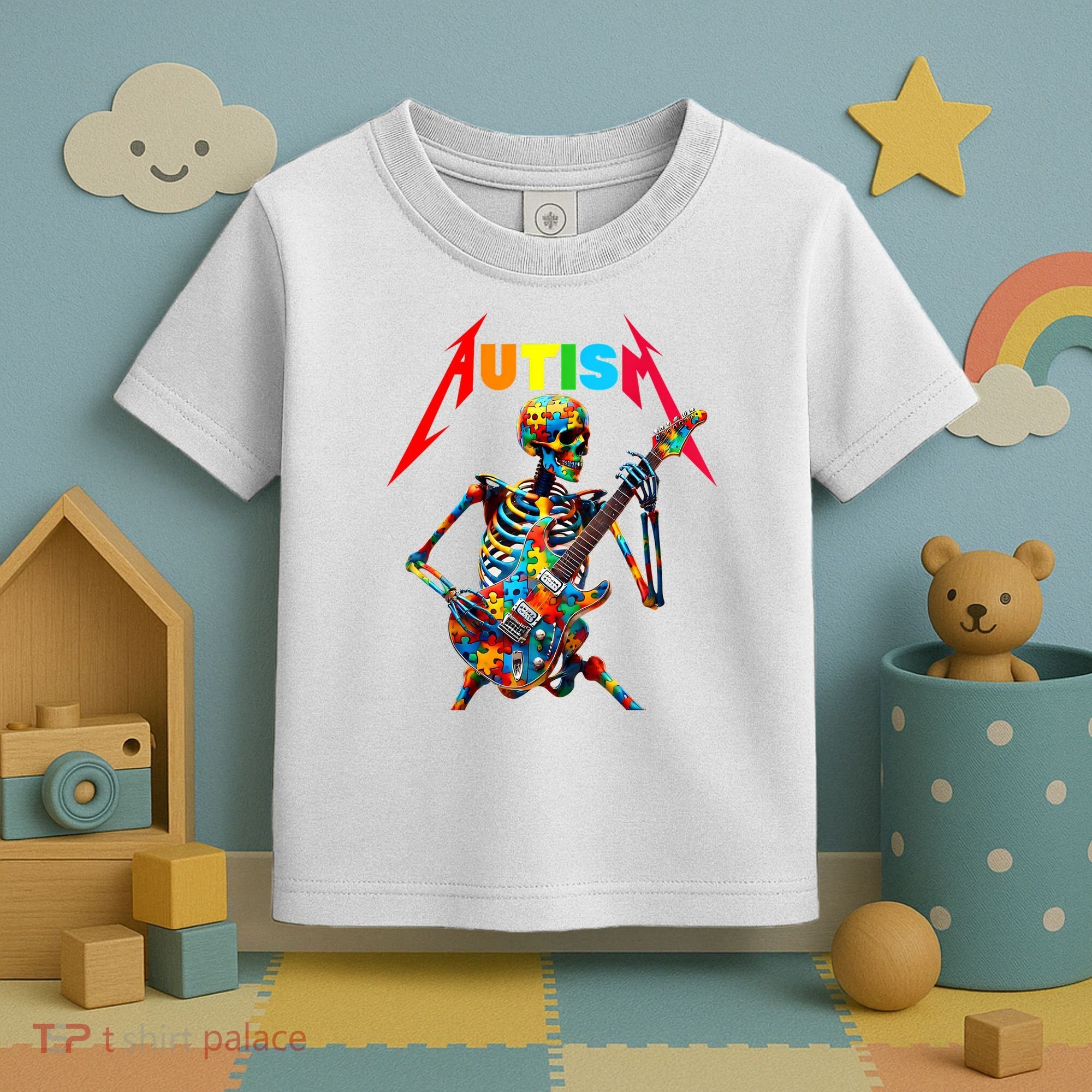 Autism Skeleton Guitar Player Rock Music Autism Awareness Toddler T-Shirt
