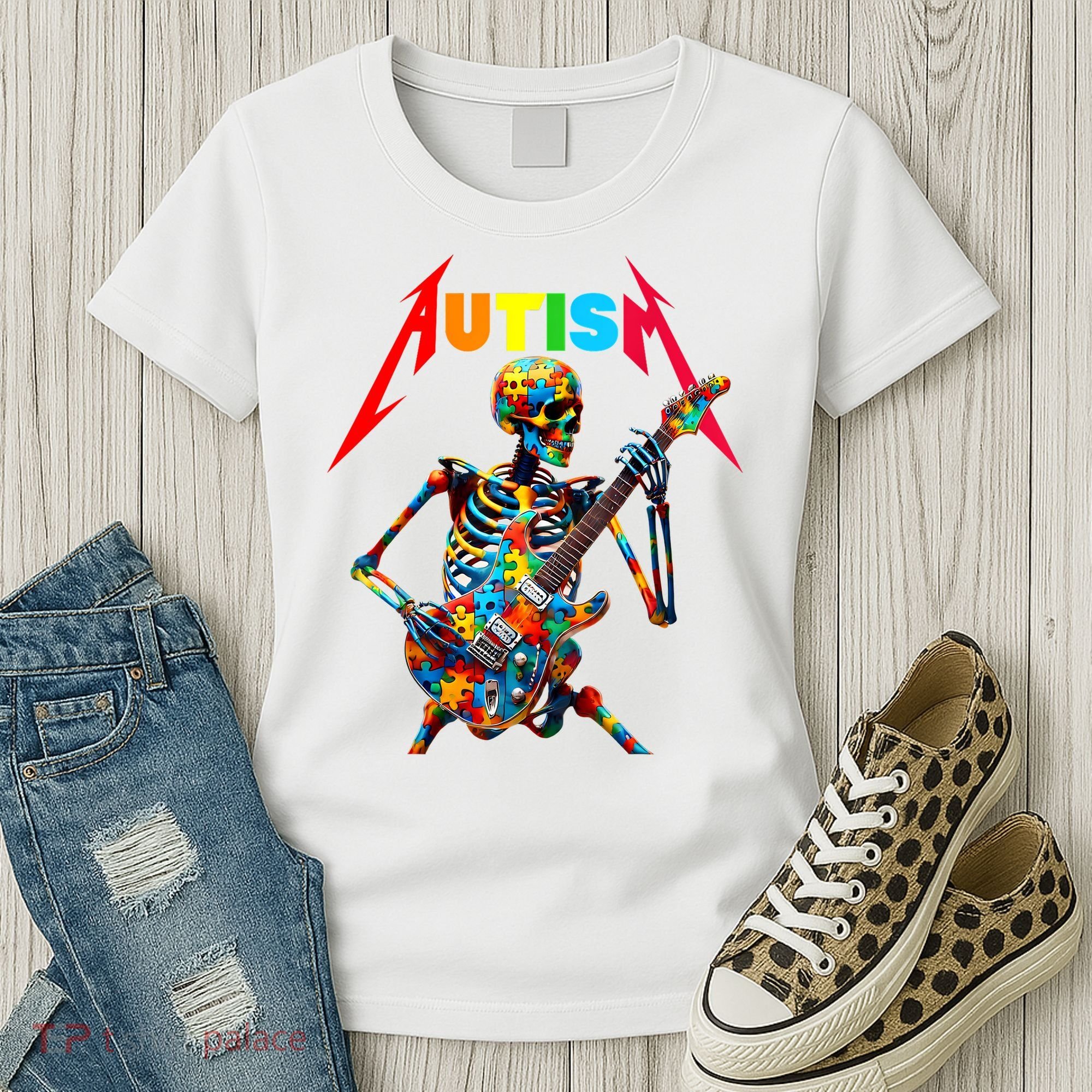 Autism Skeleton Guitar Player Rock Music Autism Awareness Women's T-Shirt