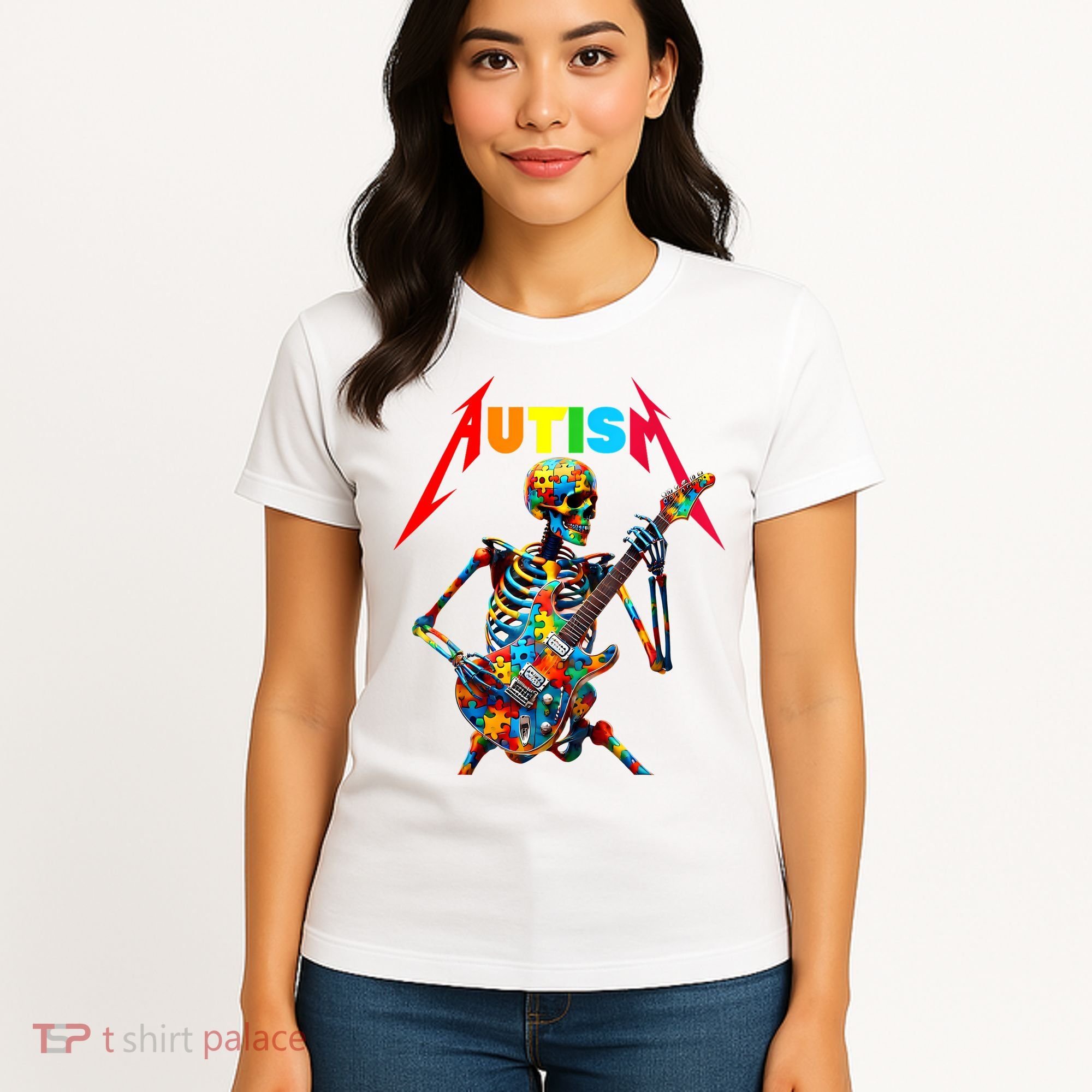 Autism Skeleton Guitar Player Rock Music Autism Awareness Women's T-Shirt