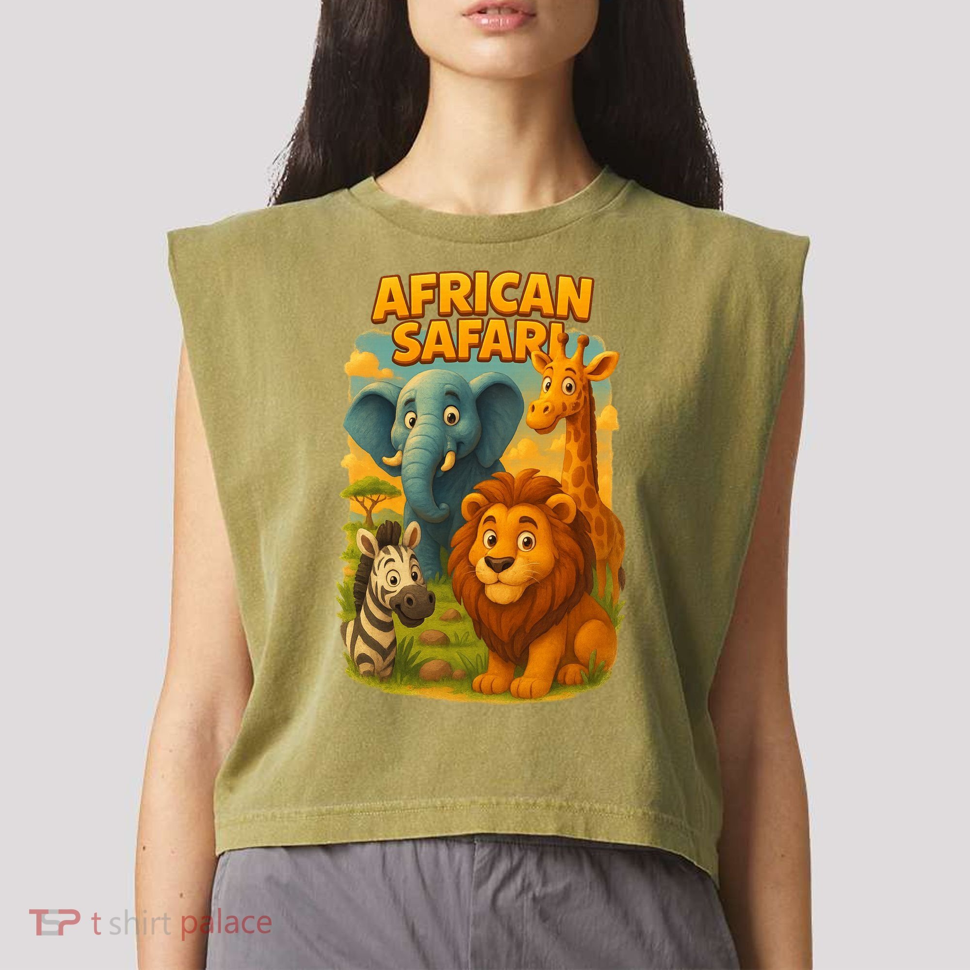 African Safari Kids Cartoon Garment-Dyed Women's Muscle Tee