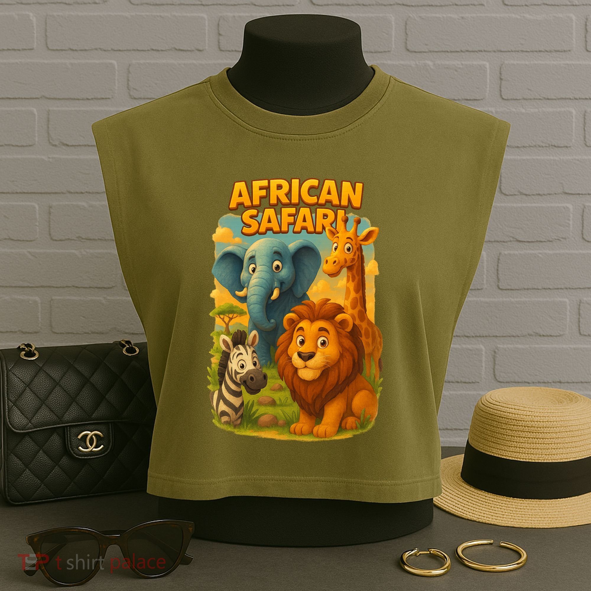 African Safari Kids Cartoon Garment-Dyed Women's Muscle Tee