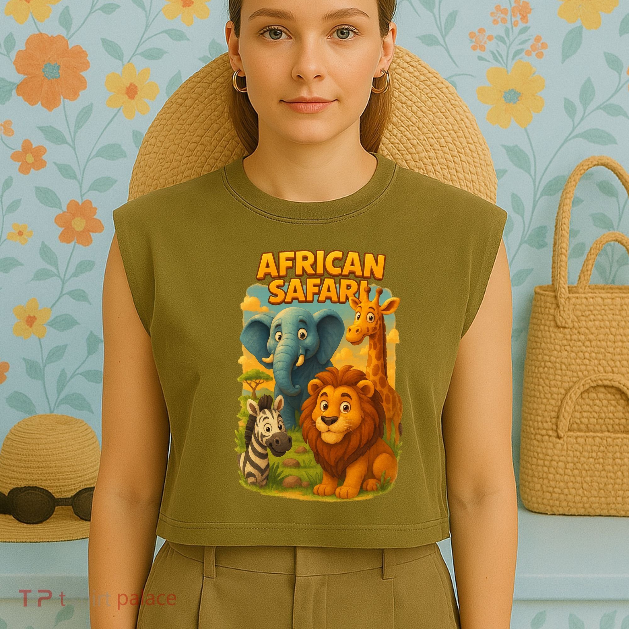 African Safari Kids Cartoon Garment-Dyed Women's Muscle Tee