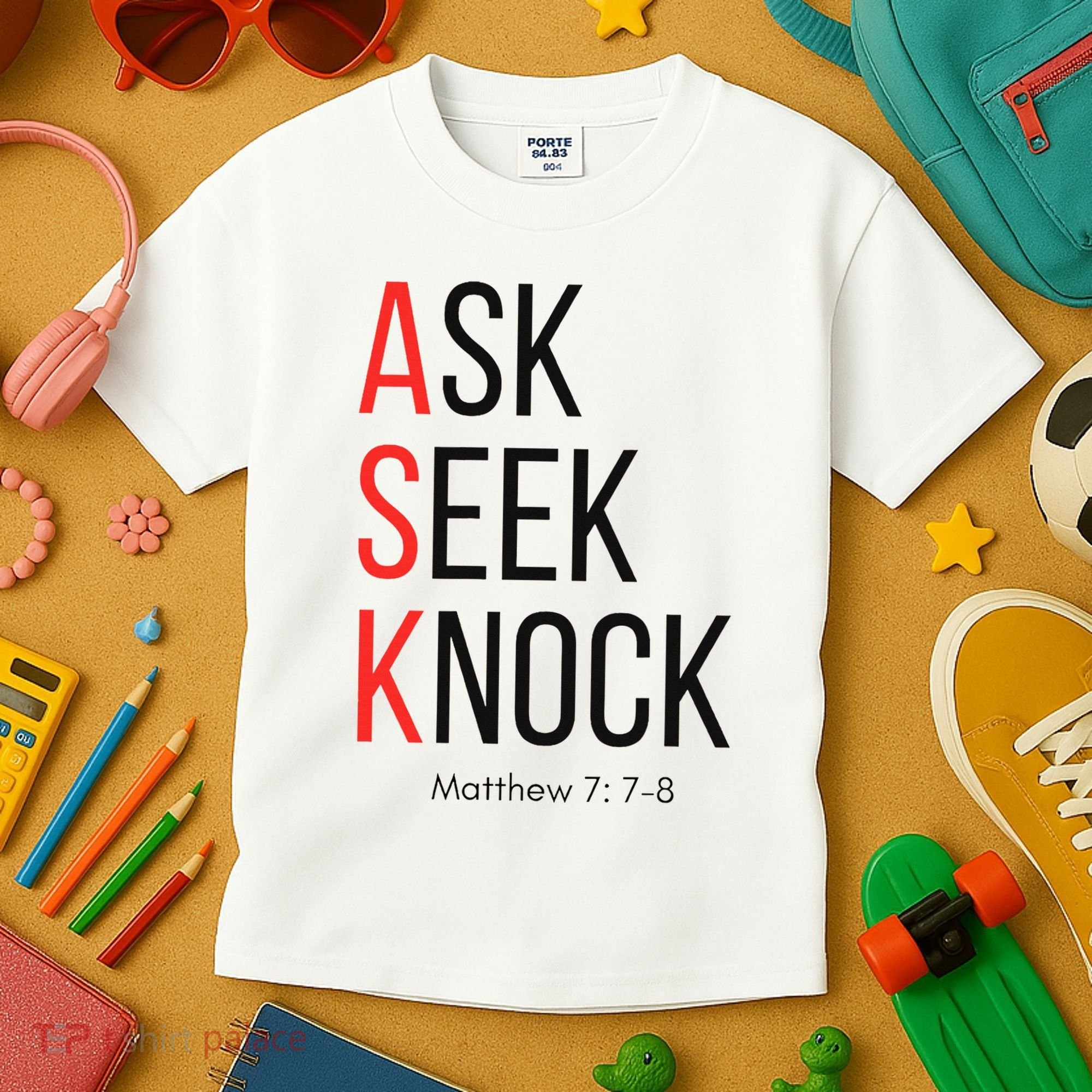Ask Seek Knock Matthew 778 Inspirational Faith Kids T-Shirt