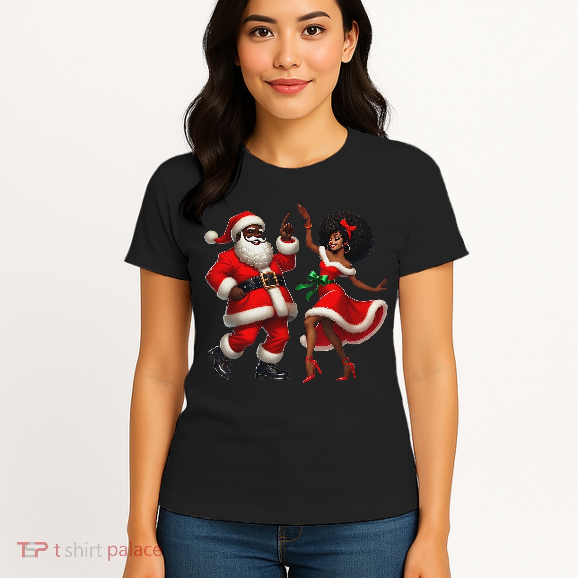 African Santa Mrs Claus Dancing African American Christmas Women's T-Shirt