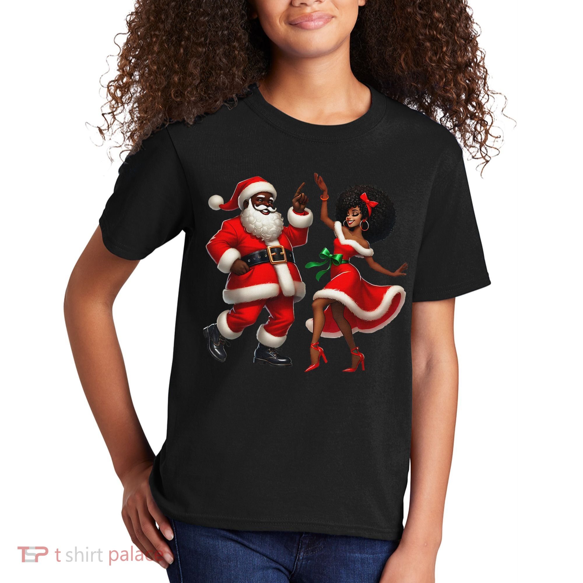 African Santa Mrs Claus Dancing African American Christmas Kids T-Shirt
