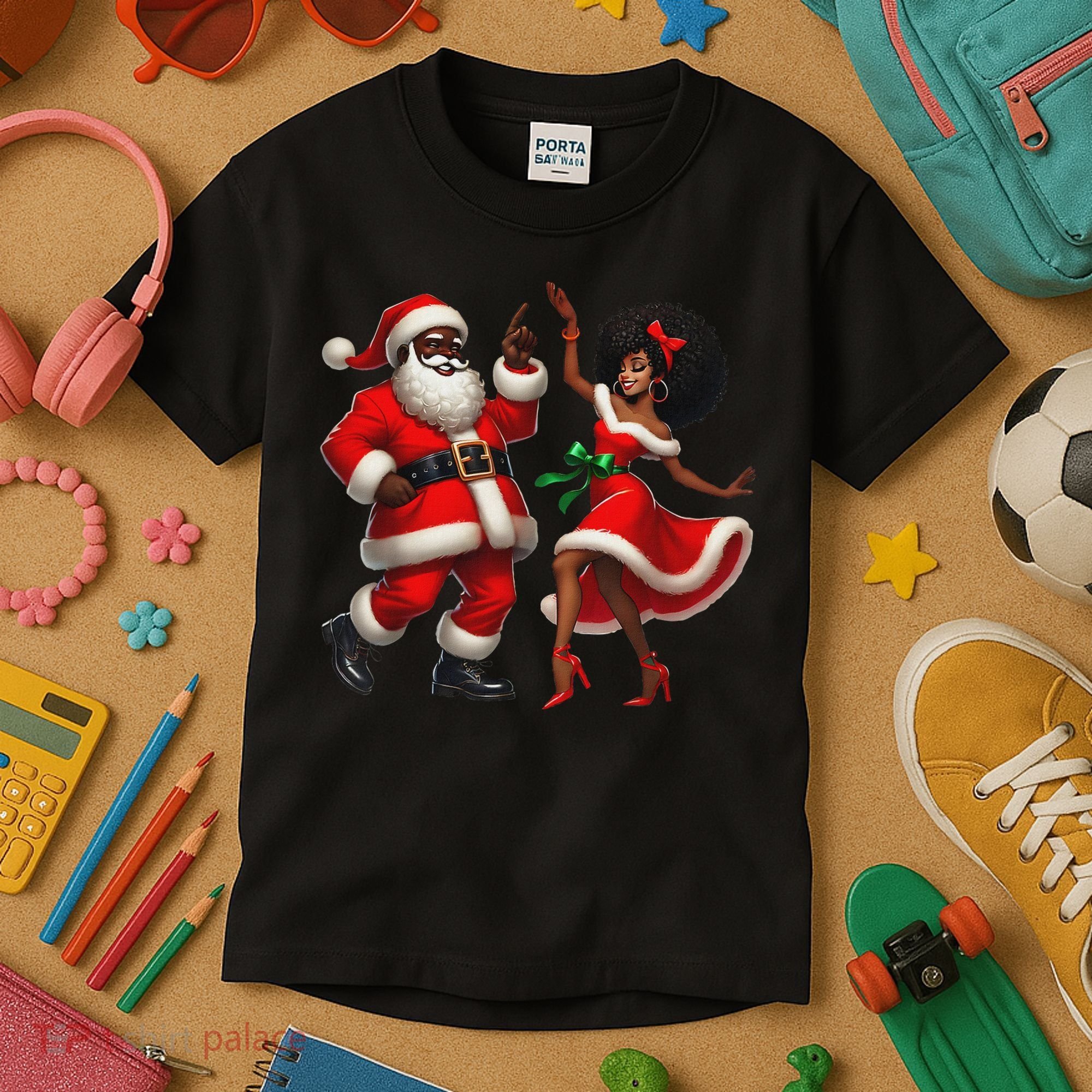 African Santa Mrs Claus Dancing African American Christmas Kids T-Shirt