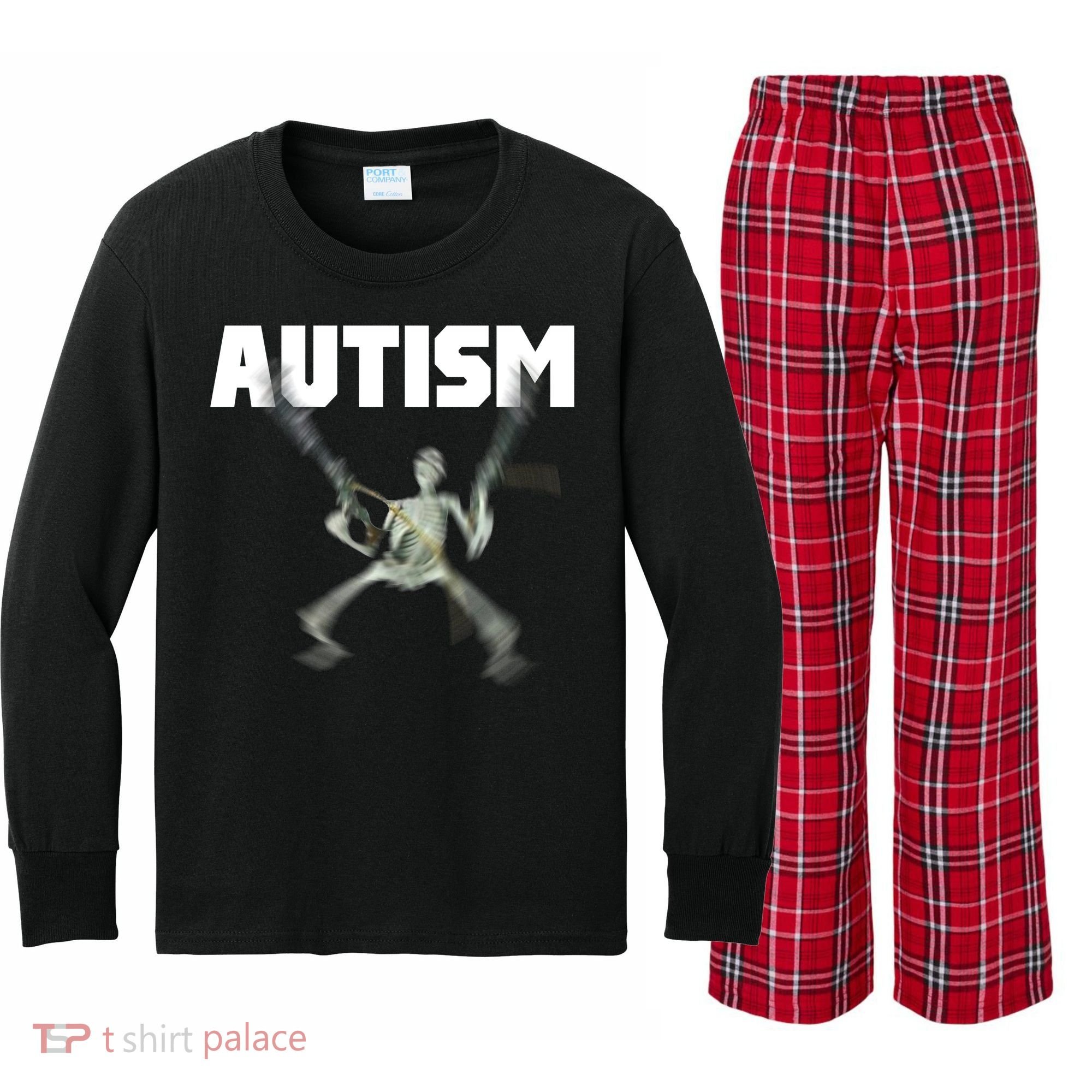 Autism Skeleton Meme Kids Long Sleeve Plaid Pajama Set