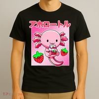 Axolotl Strawberry Milk Carton P.ink Kawaii Japanese Anime T-Shirt thumb 3