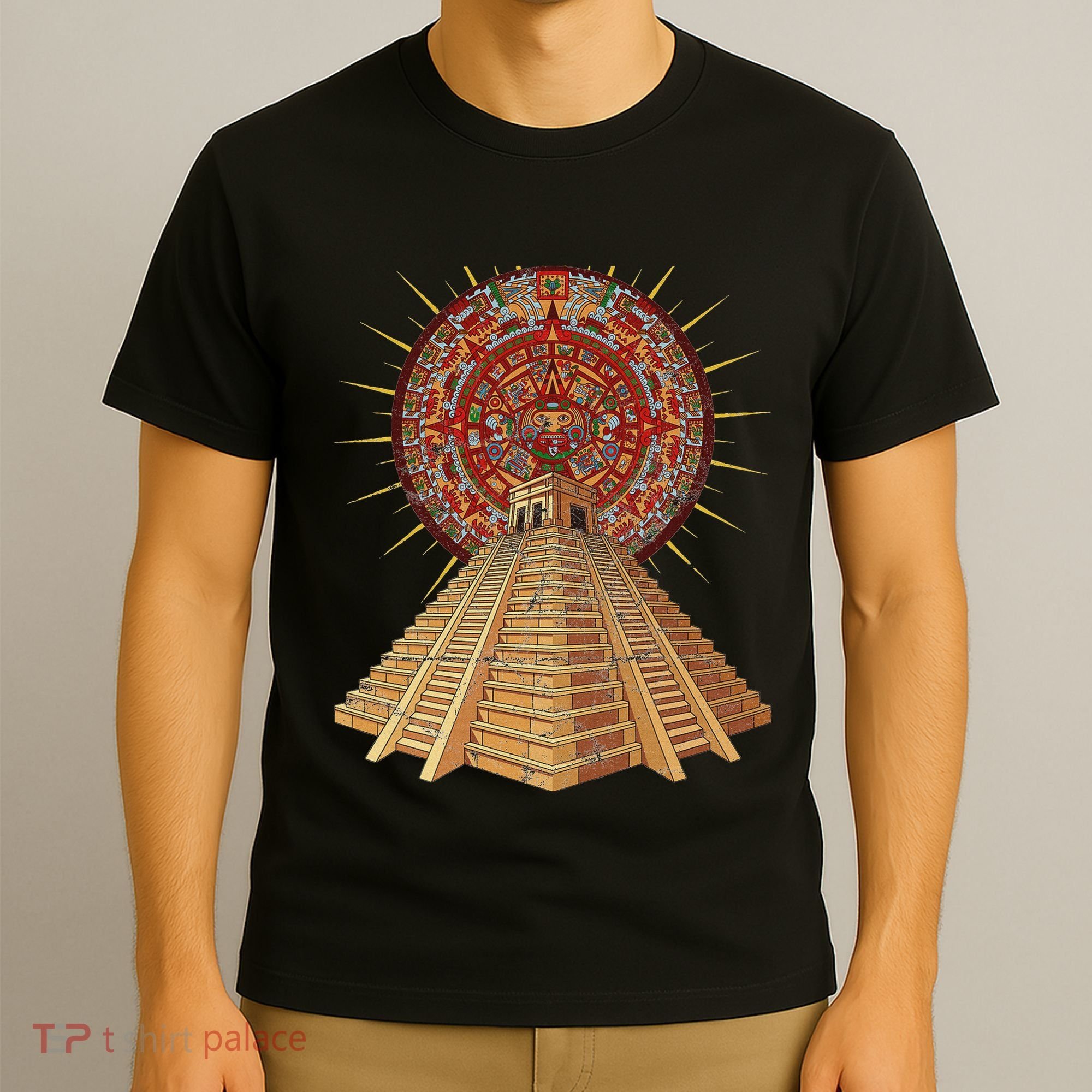 Ancient Sacred Mayan Aztec Calendar Pyramid Geometry T-Shirt