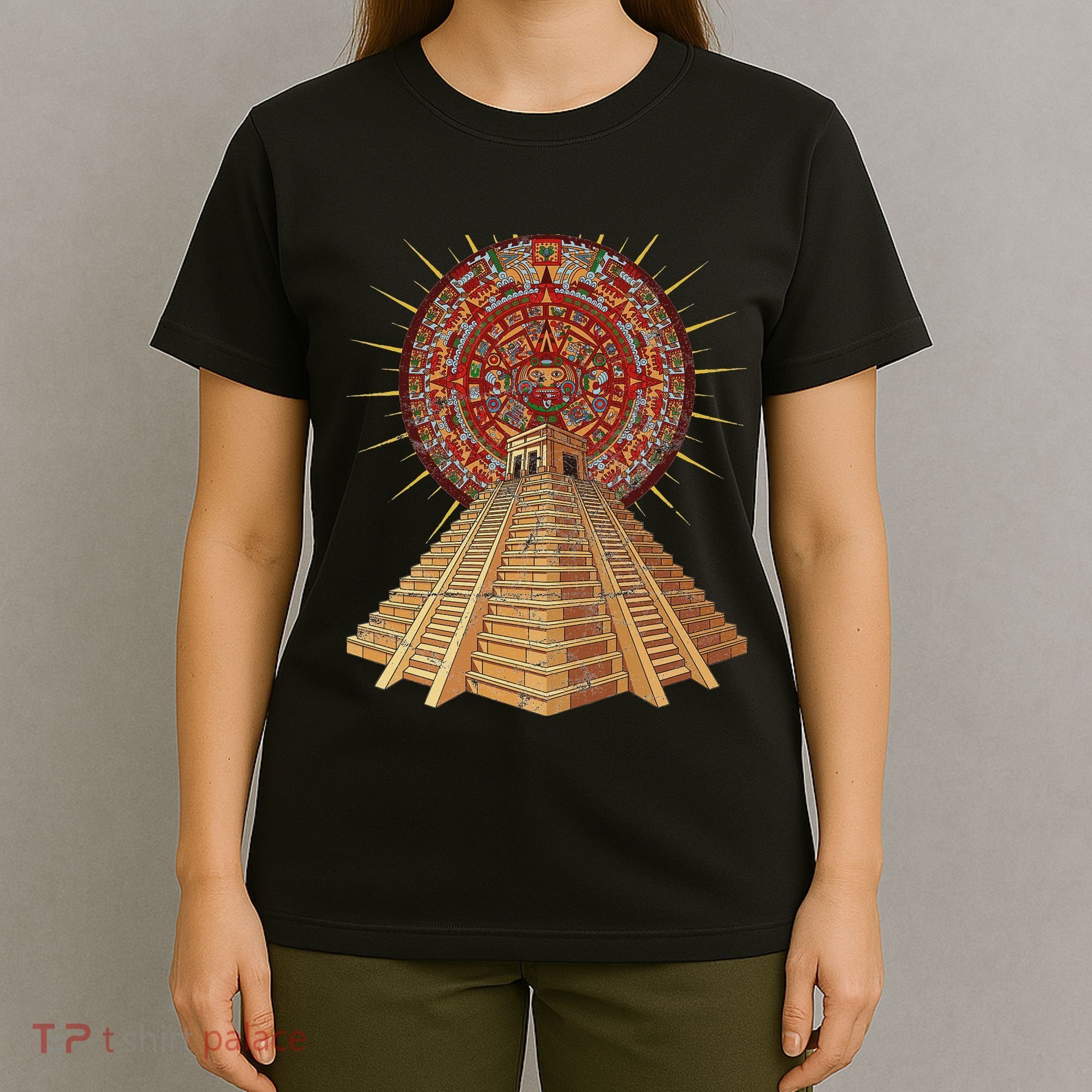 Ancient Sacred Mayan Aztec Calendar Pyramid Geometry T-Shirt
