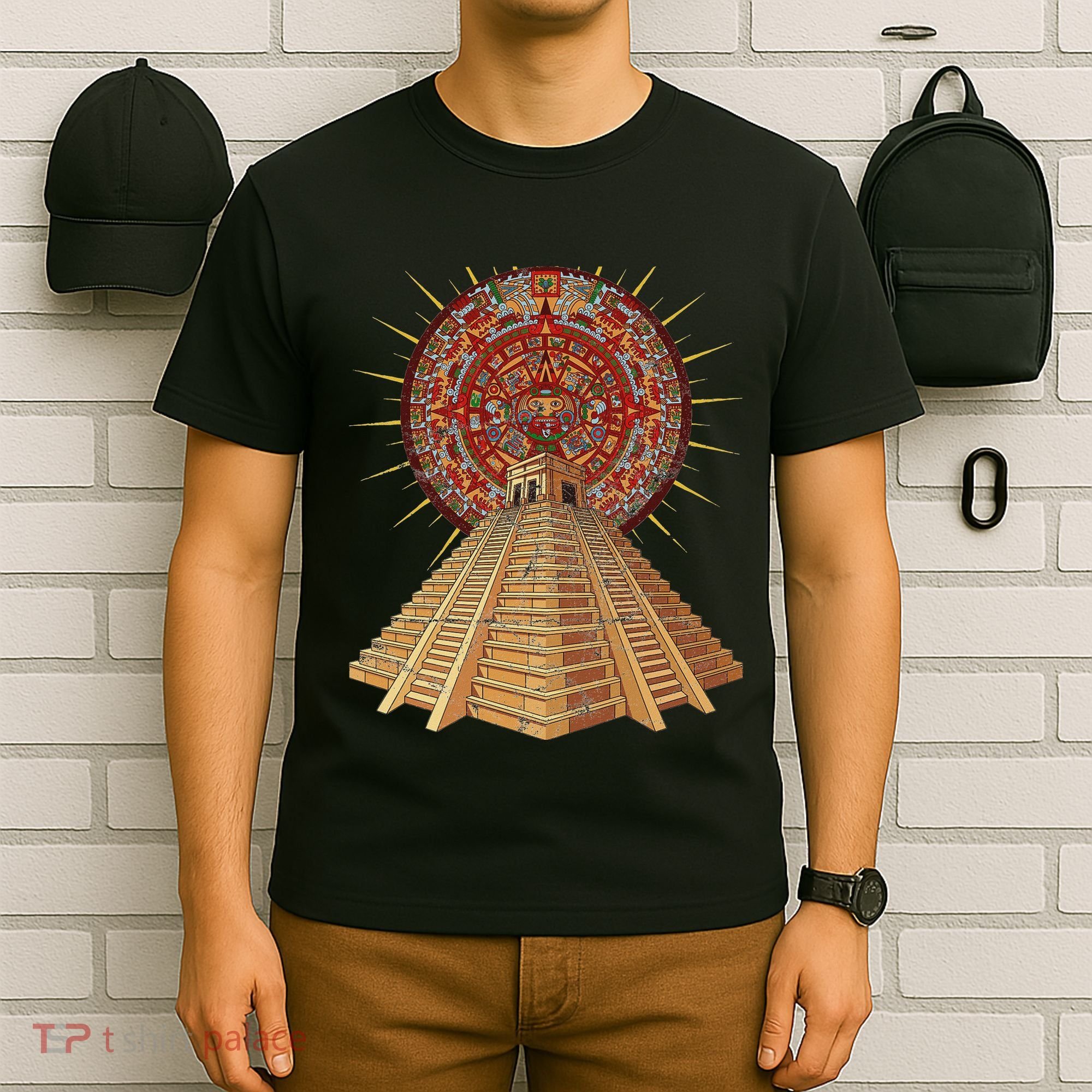 Ancient Sacred Mayan Aztec Calendar Pyramid Geometry T-Shirt