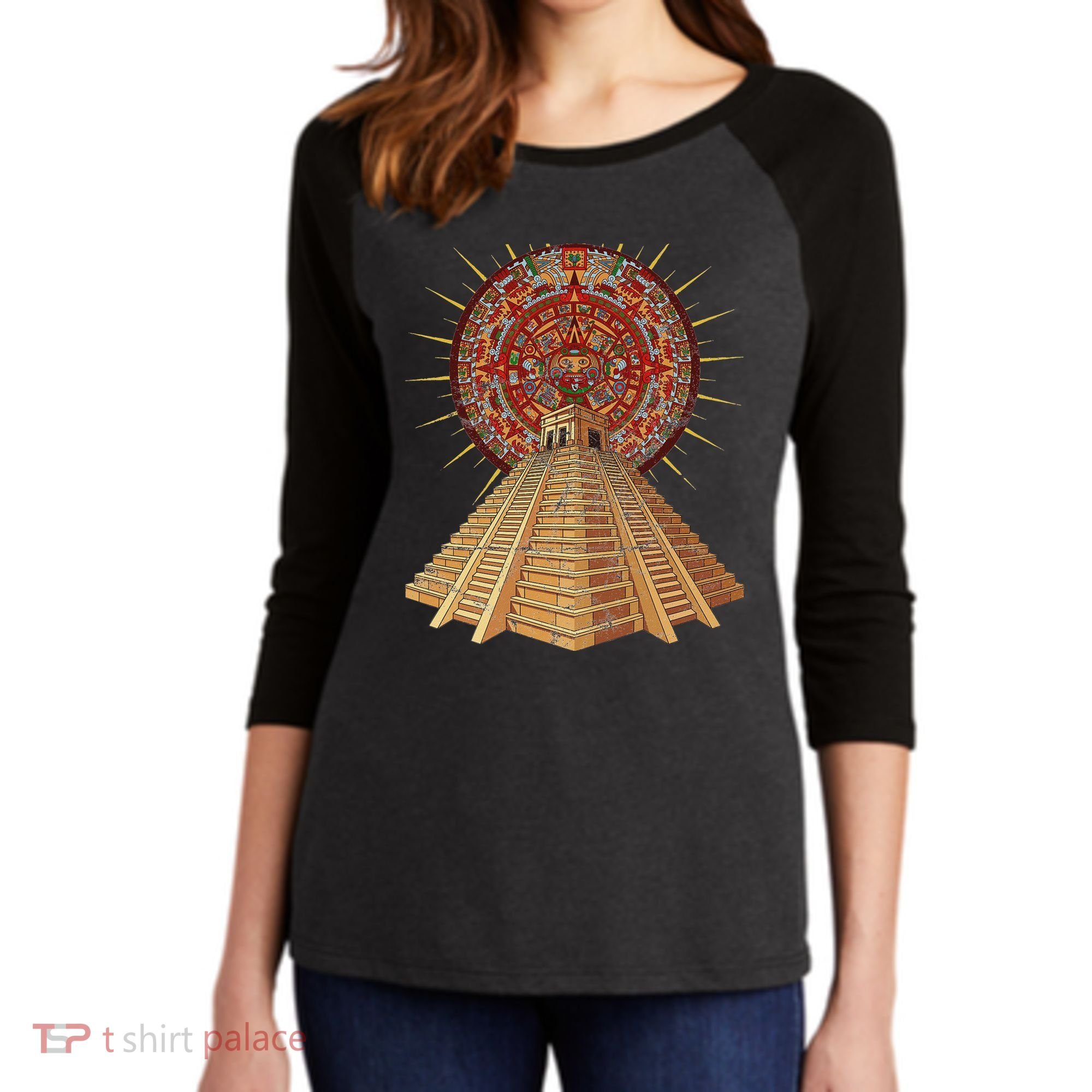 Ancient Sacred Mayan Aztec Calendar Pyramid Geometry Women's Tri-Blend 3/4-Sleeve Raglan Shirt