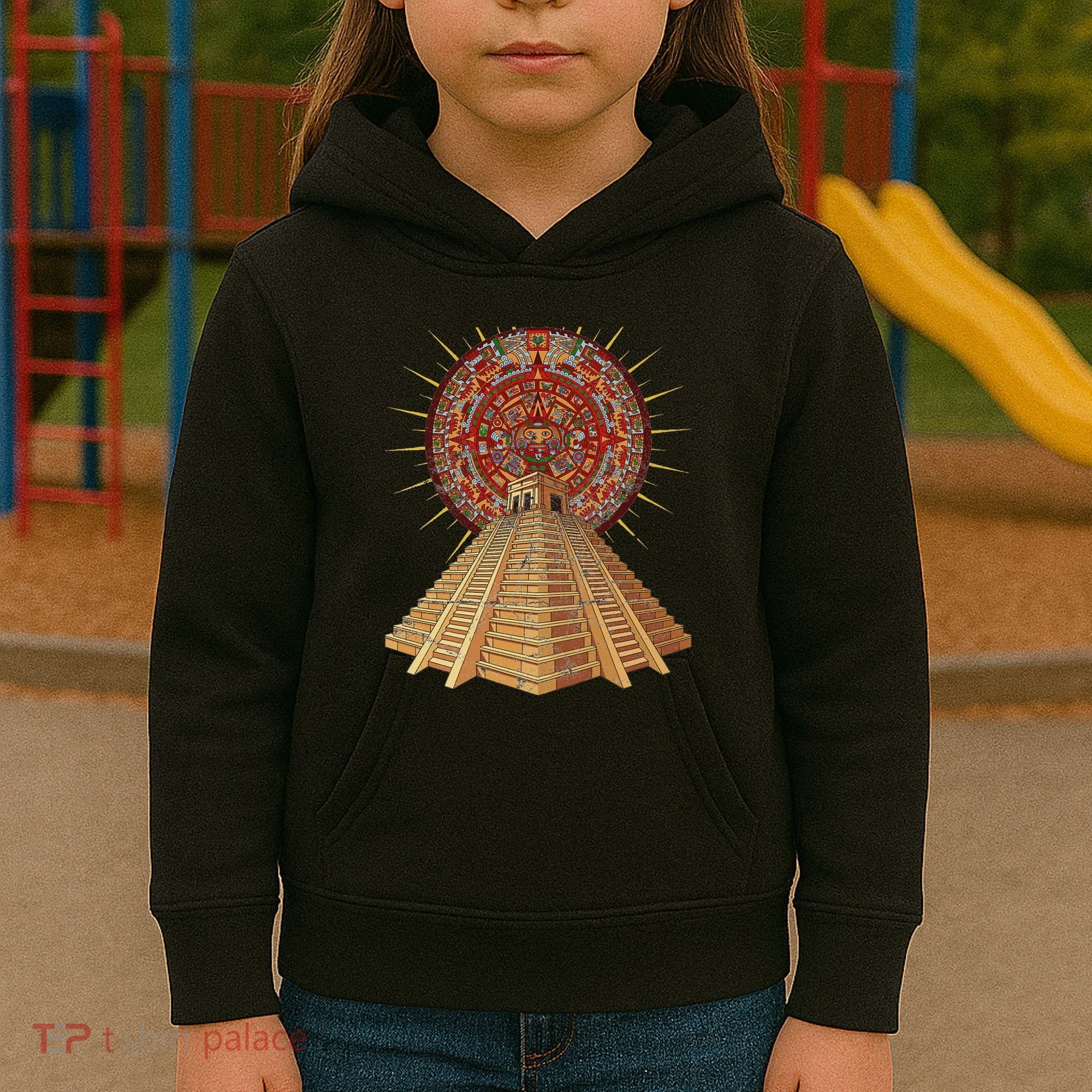 Ancient Sacred Mayan Aztec Calendar Pyramid Geometry Kids Hoodie