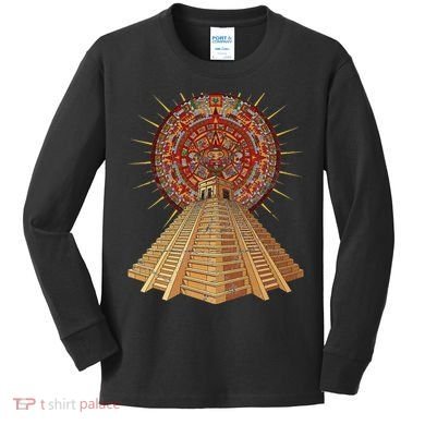 Ancient Sacred Mayan Aztec Calendar Pyramid Geometry Kids Long Sleeve Shirt