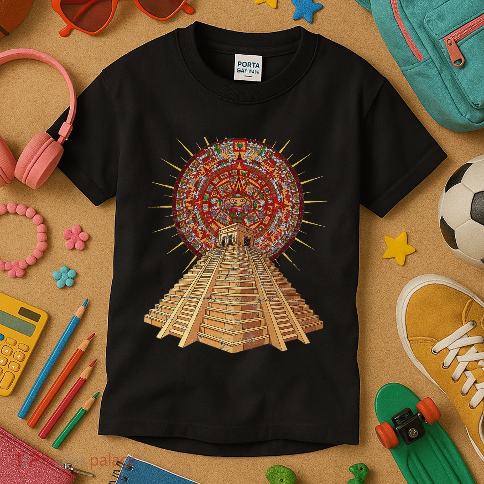 Ancient Sacred Mayan Aztec Calendar Pyramid Geometry Kids T-Shirt