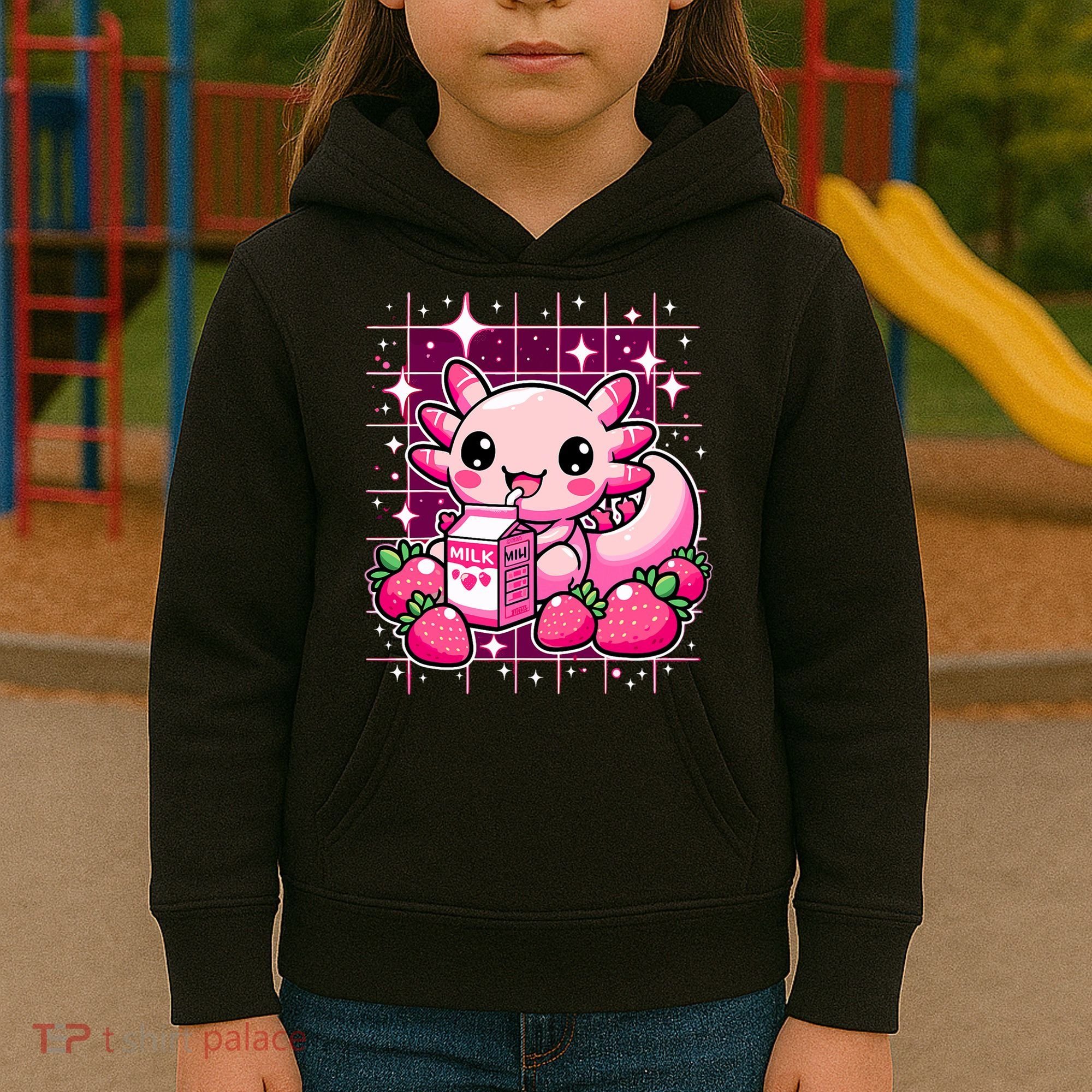 Axolotl Strawberry Milk Shake Anime Cute Kawaii Axolotl Kids Hoodie