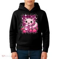 Axolotl Strawberry Milk Shake Anime Cute Kawaii Axolotl Kids Hoodie thumb 4