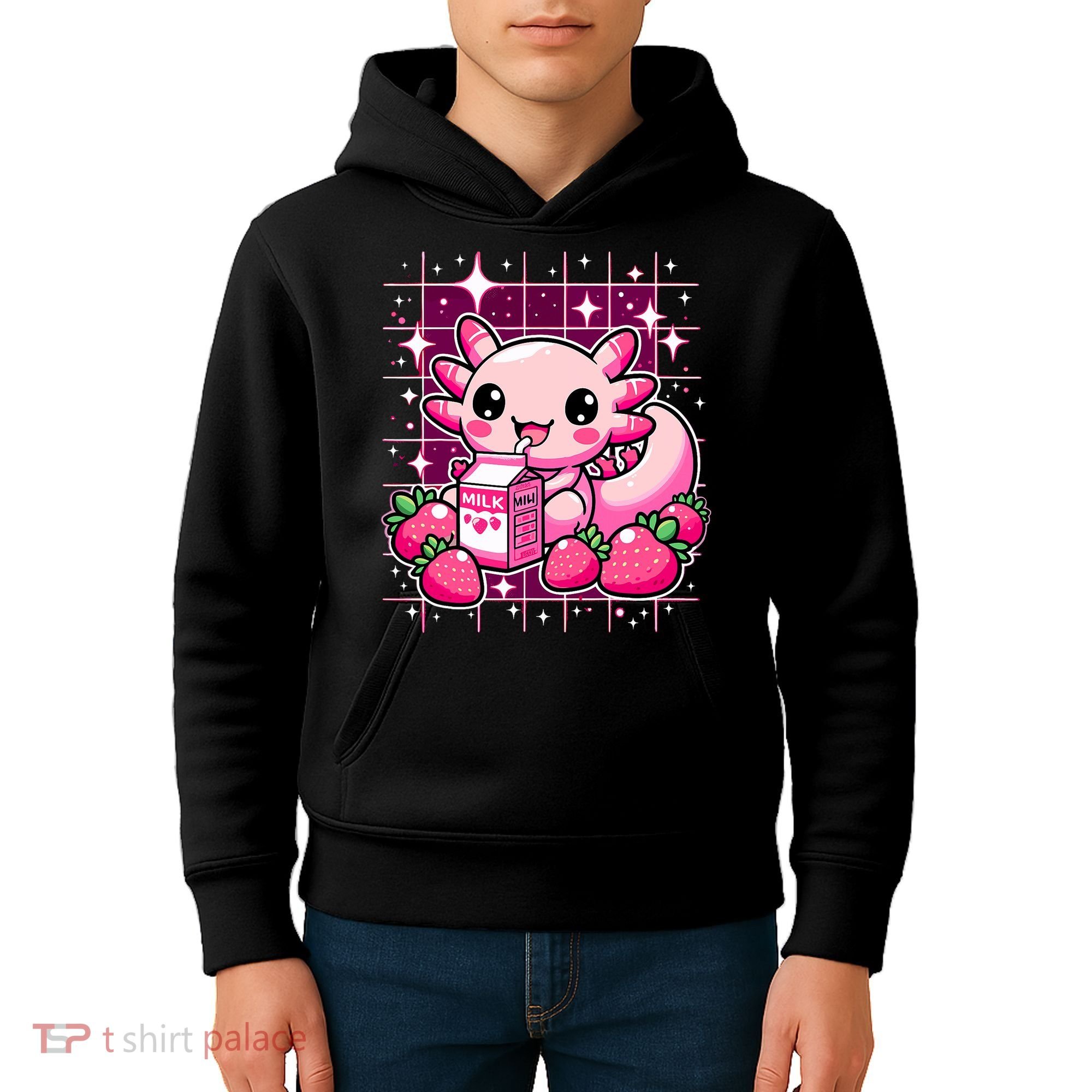 Axolotl Strawberry Milk Shake Anime Cute Kawaii Axolotl Kids Hoodie