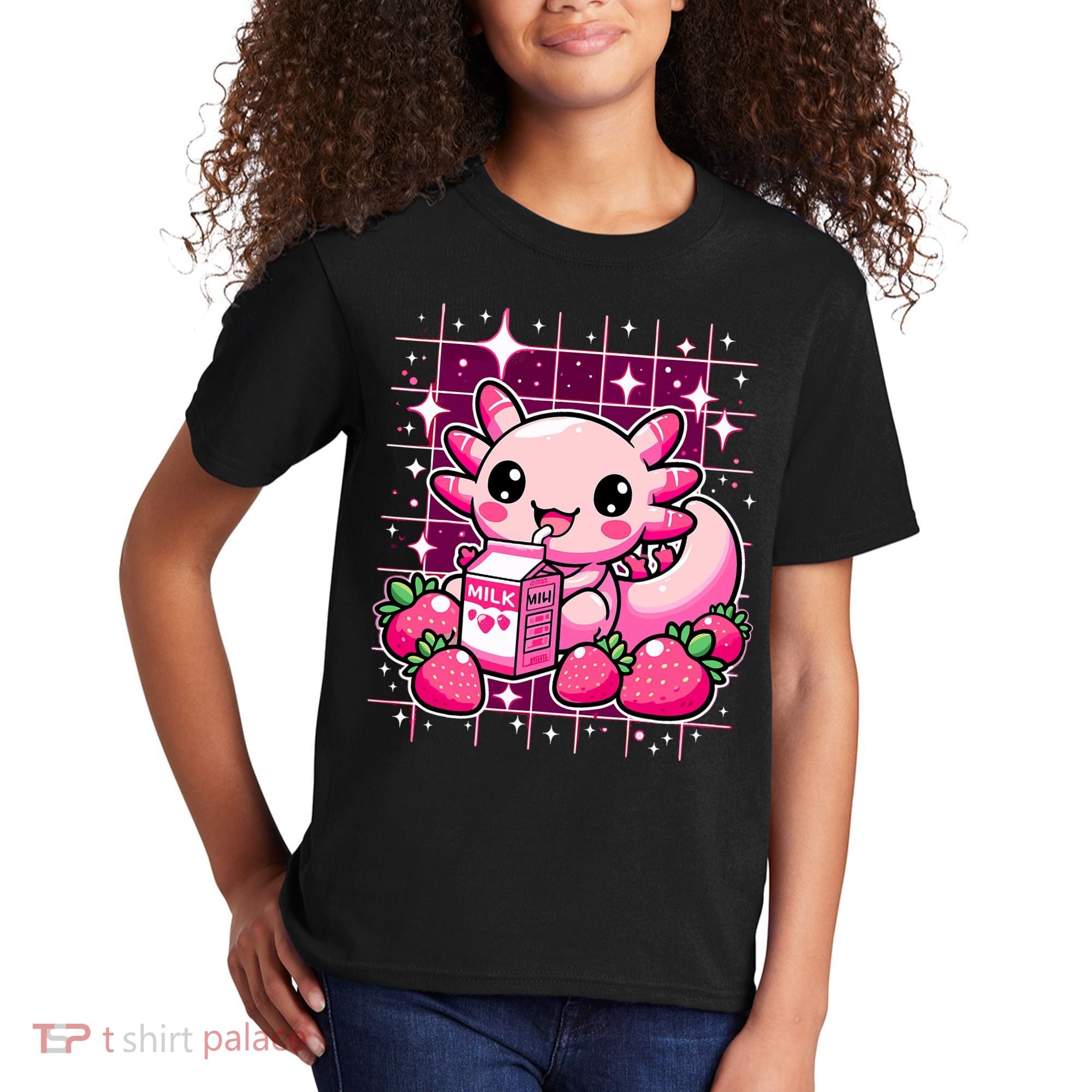 Axolotl Strawberry Milk Shake Anime Cute Kawaii Axolotl Kids T-Shirt