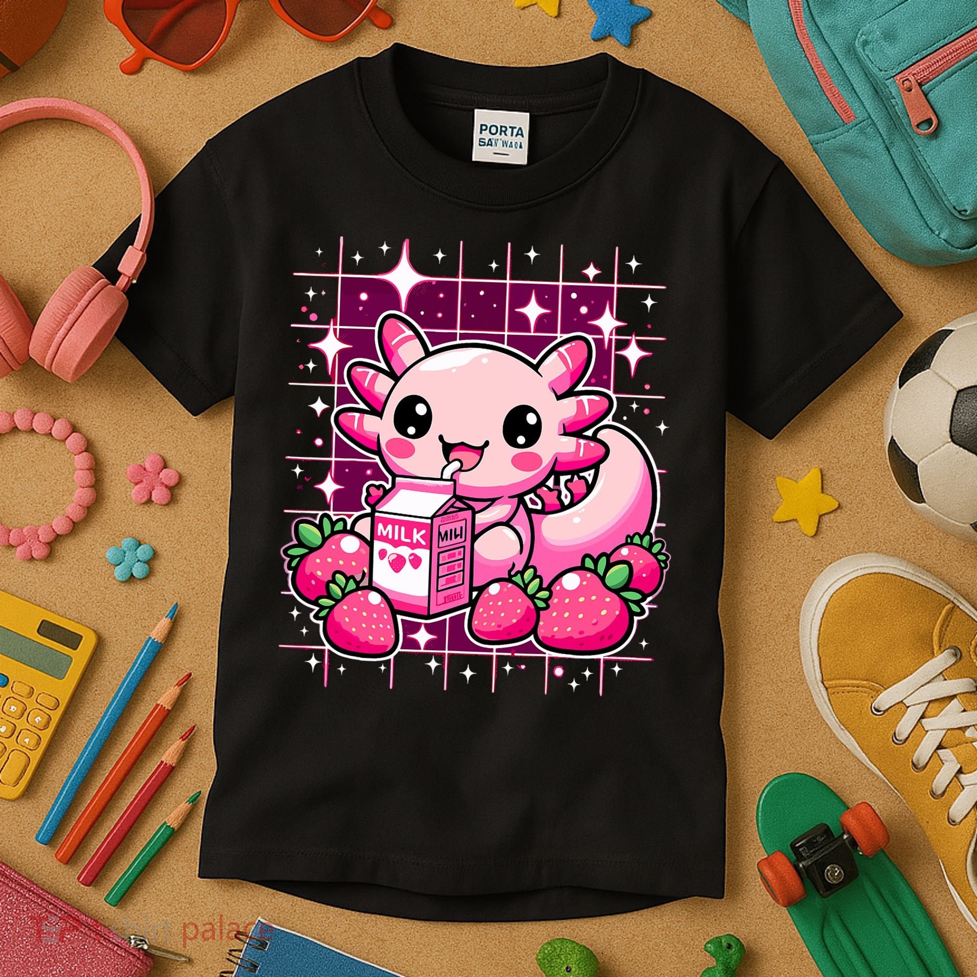 Axolotl Strawberry Milk Shake Anime Cute Kawaii Axolotl Kids T-Shirt