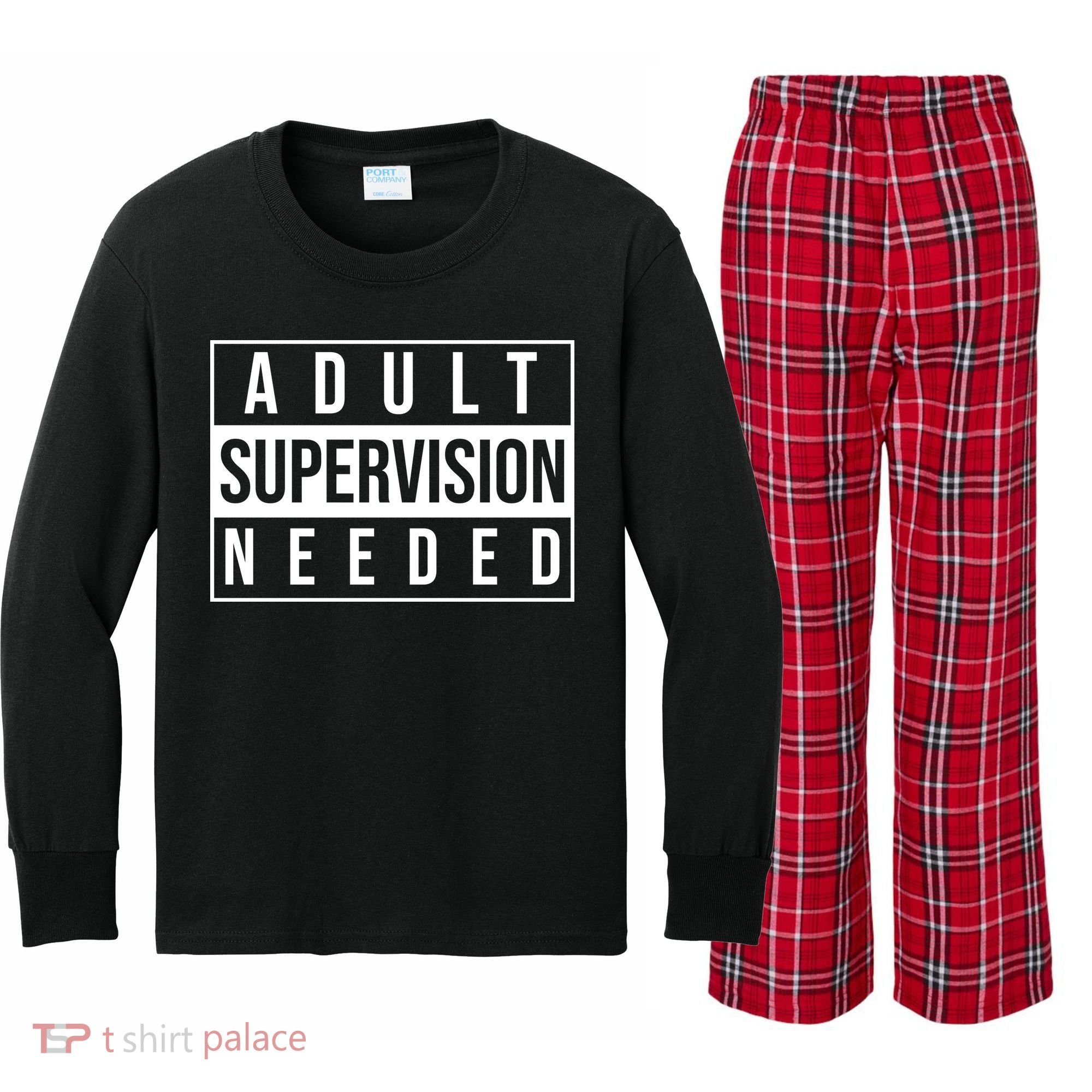 Adult Supervision Needed Funny Gift Kids Long Sleeve Plaid Pajama Set