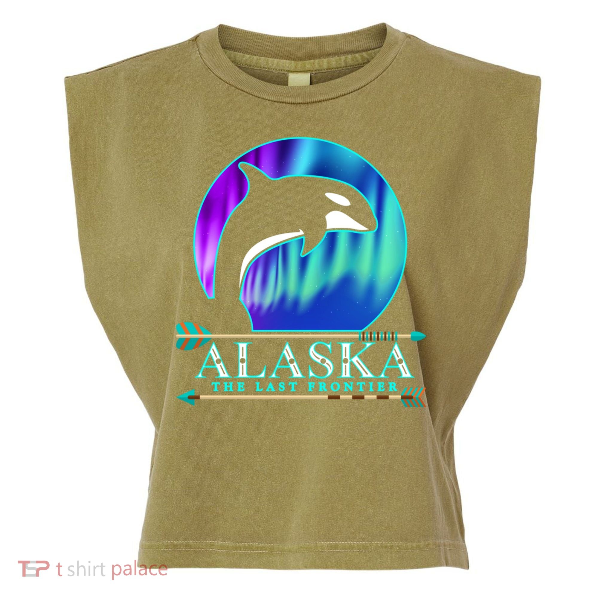 Alaska State Pride Alaska Northern Lights Alaskan Orca Whale Garment-Dyed Women's Muscle Tee