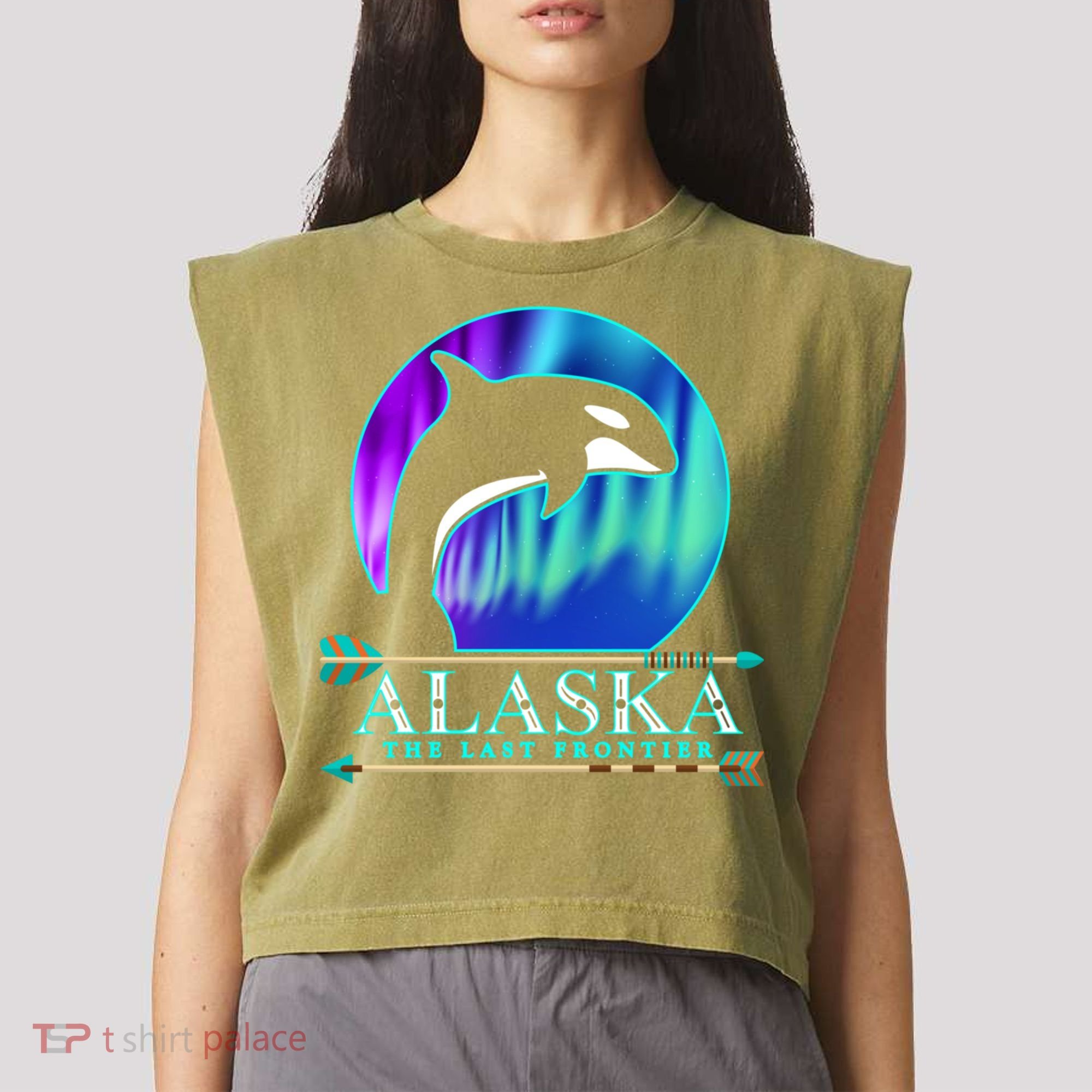 Alaska State Pride Alaska Northern Lights Alaskan Orca Whale Garment-Dyed Women's Muscle Tee