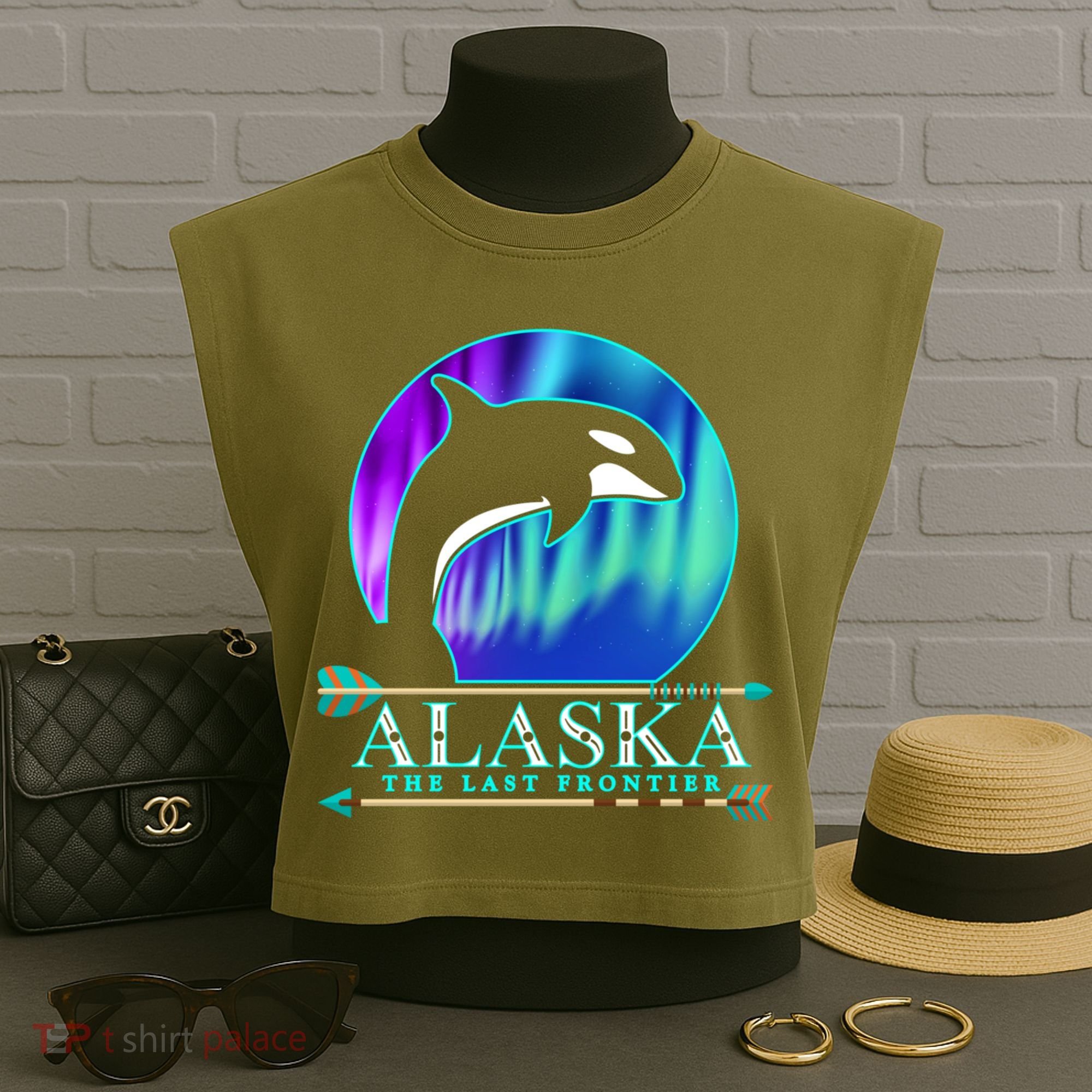 Alaska State Pride Alaska Northern Lights Alaskan Orca Whale Garment-Dyed Women's Muscle Tee