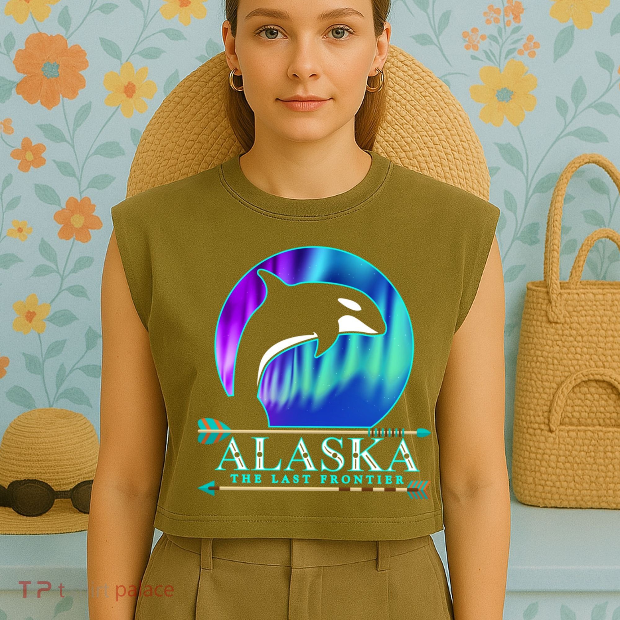 Alaska State Pride Alaska Northern Lights Alaskan Orca Whale Garment-Dyed Women's Muscle Tee
