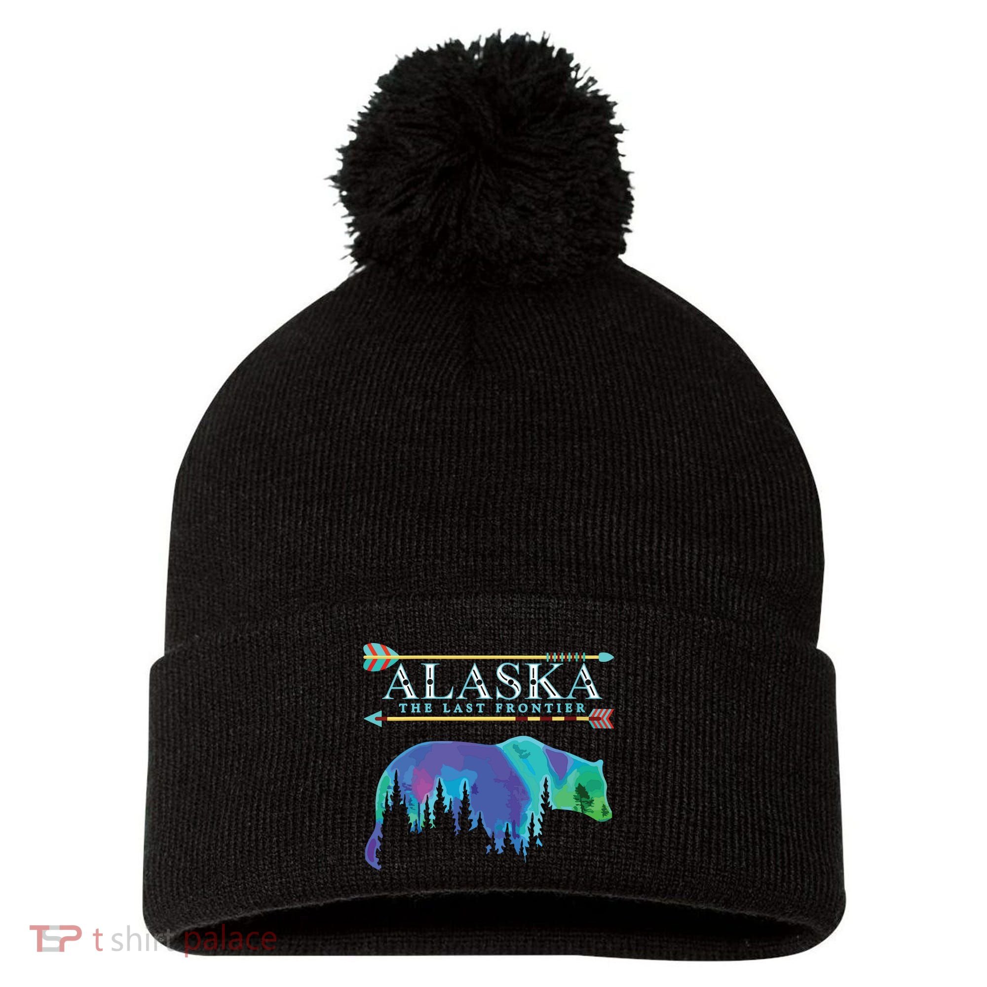 Alaska State Pride Alaska Northern Lights Alaskan Bear Pom Pom 12in Knit Beanie