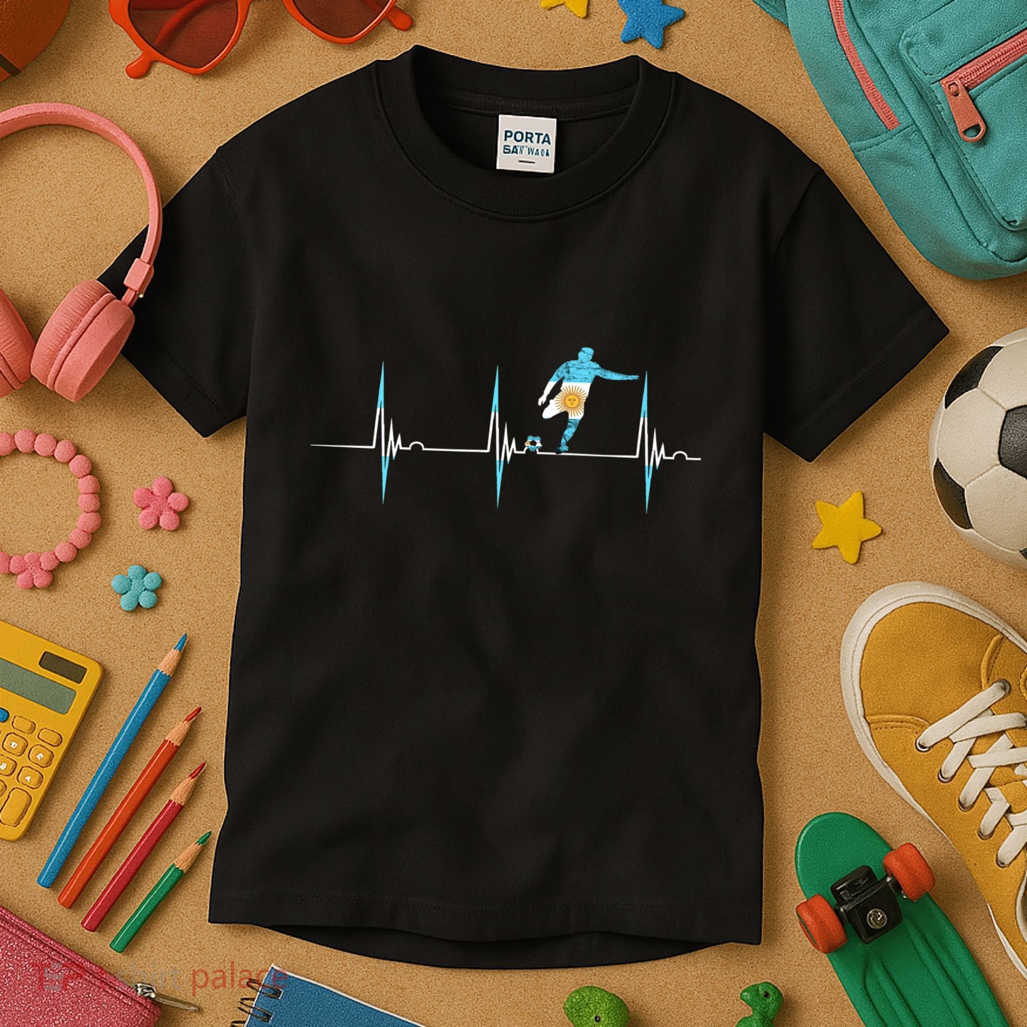 Argentina Soccer Player Ball Heartbeat EKG Pulse Argentina Kids T-Shirt