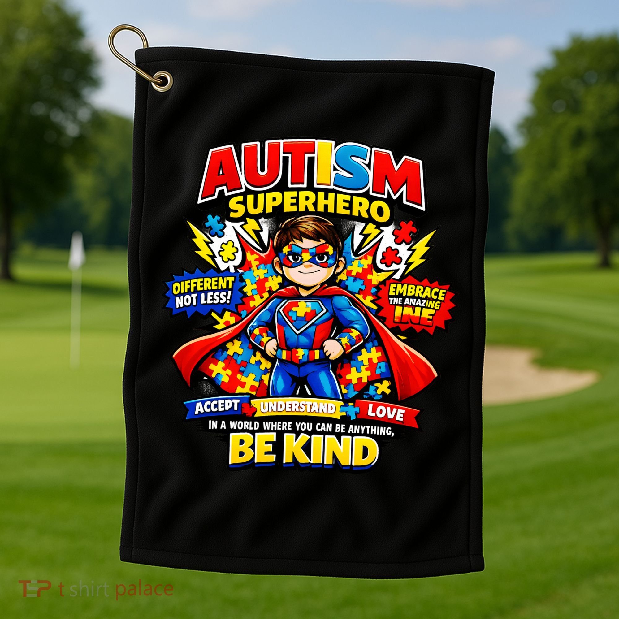 Autism Superhero Quotes Puzzle Pieces Golf Towel
