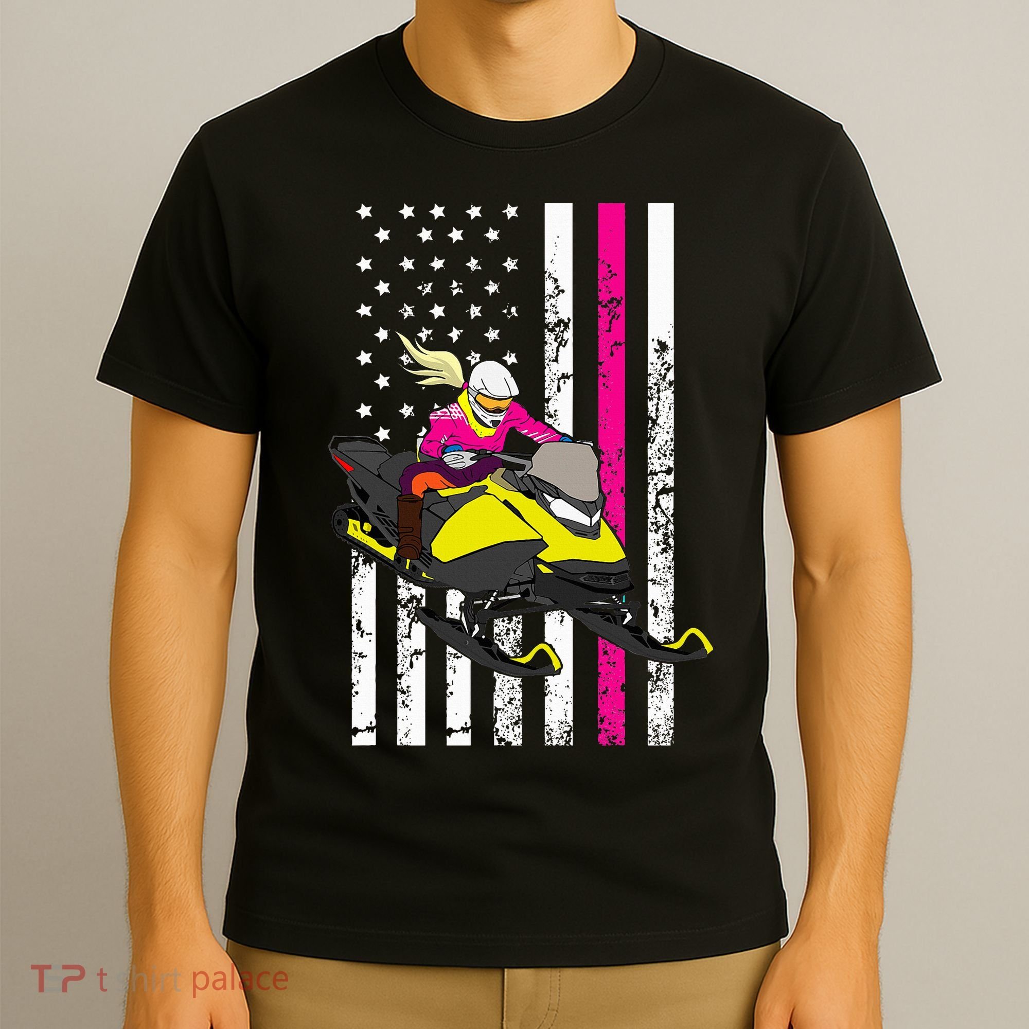 American Snowmobile Rider American Flag Snowmobile T-Shirt