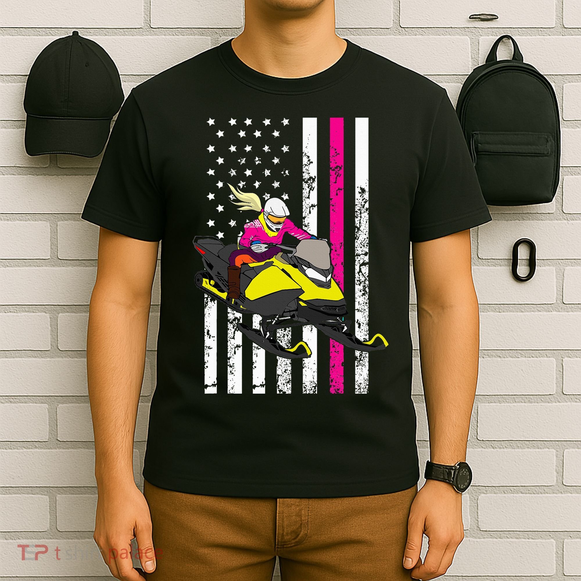 American Snowmobile Rider American Flag Snowmobile T-Shirt