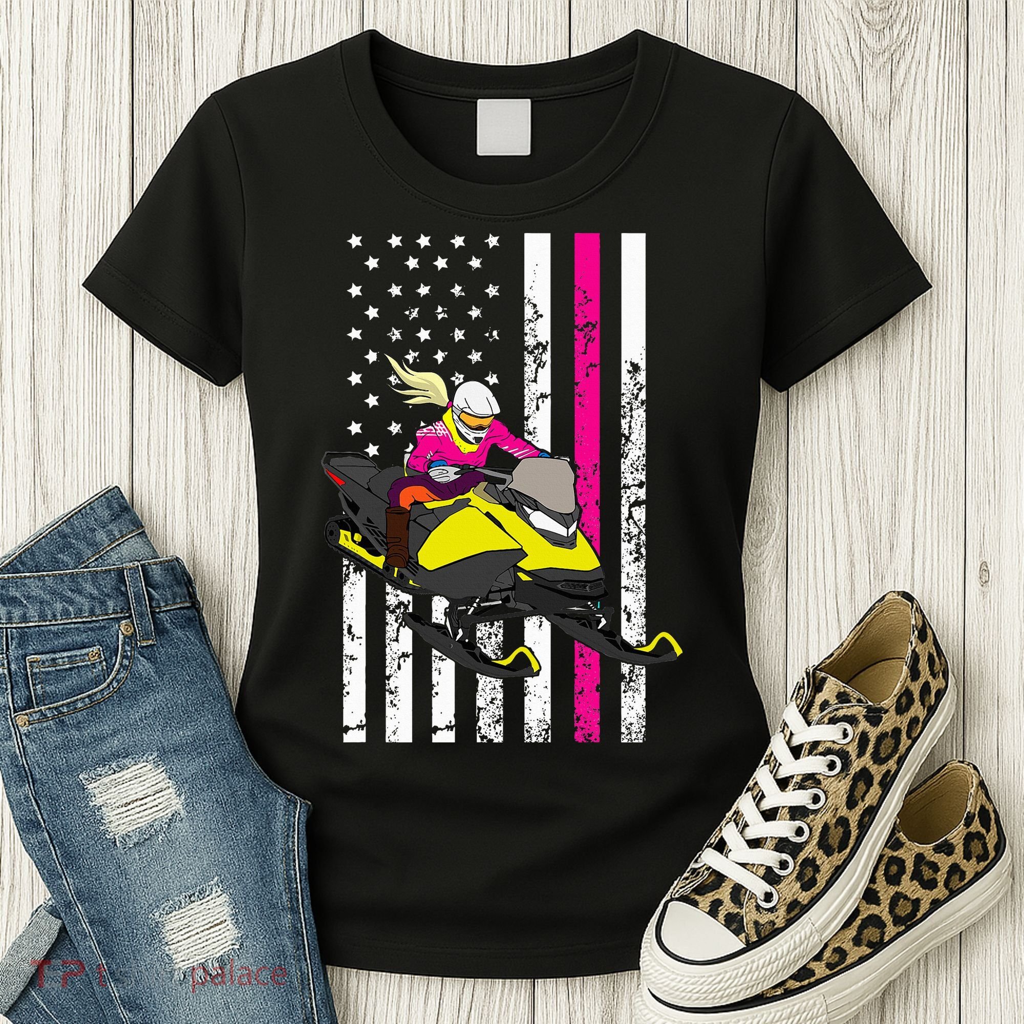 American Snowmobile Rider American Flag Snowmobile Women's T-Shirt